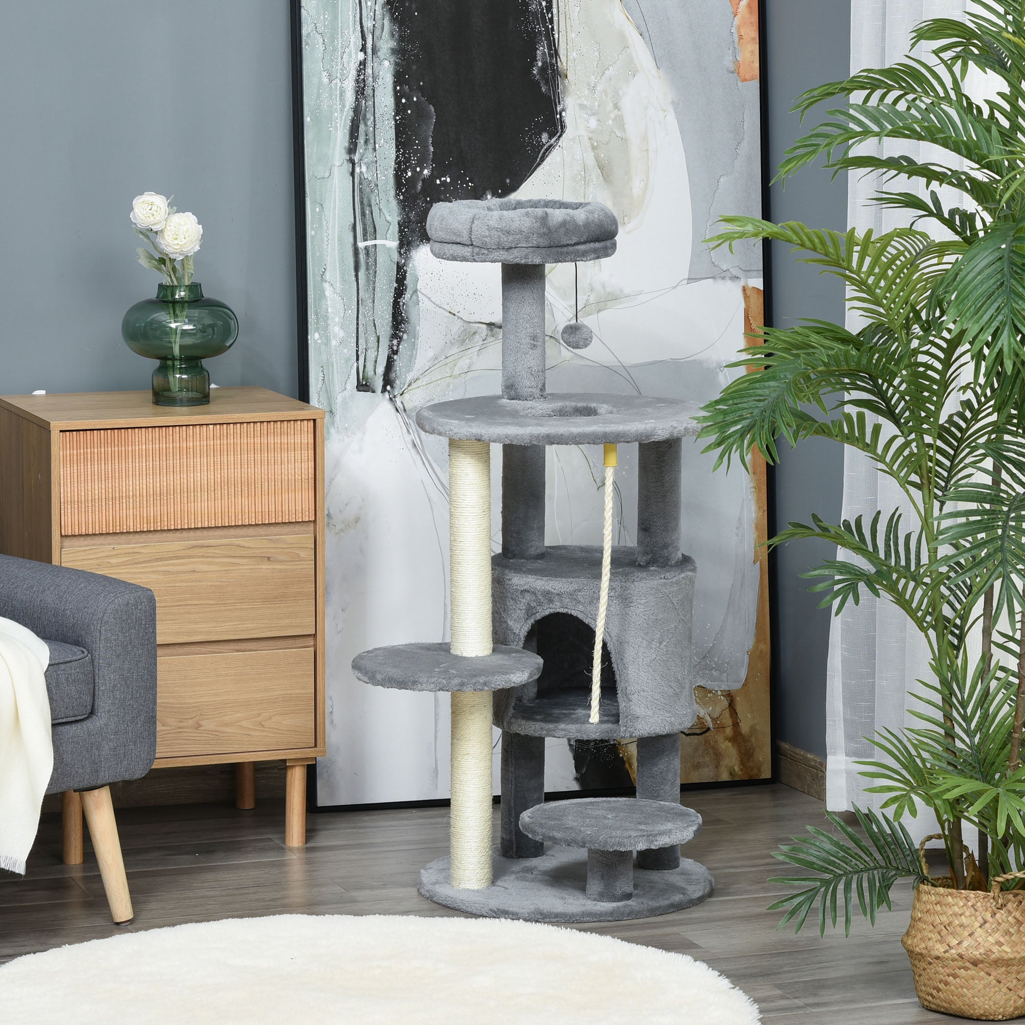 PawHut Cat Tree for Indoor Cats, 44 Inches Multi-Level Cat Tower, Climbing Activity Center with Jute Scratching Post, Perch, Hanging Ball Toy, Teasing Rope, Dark Grey