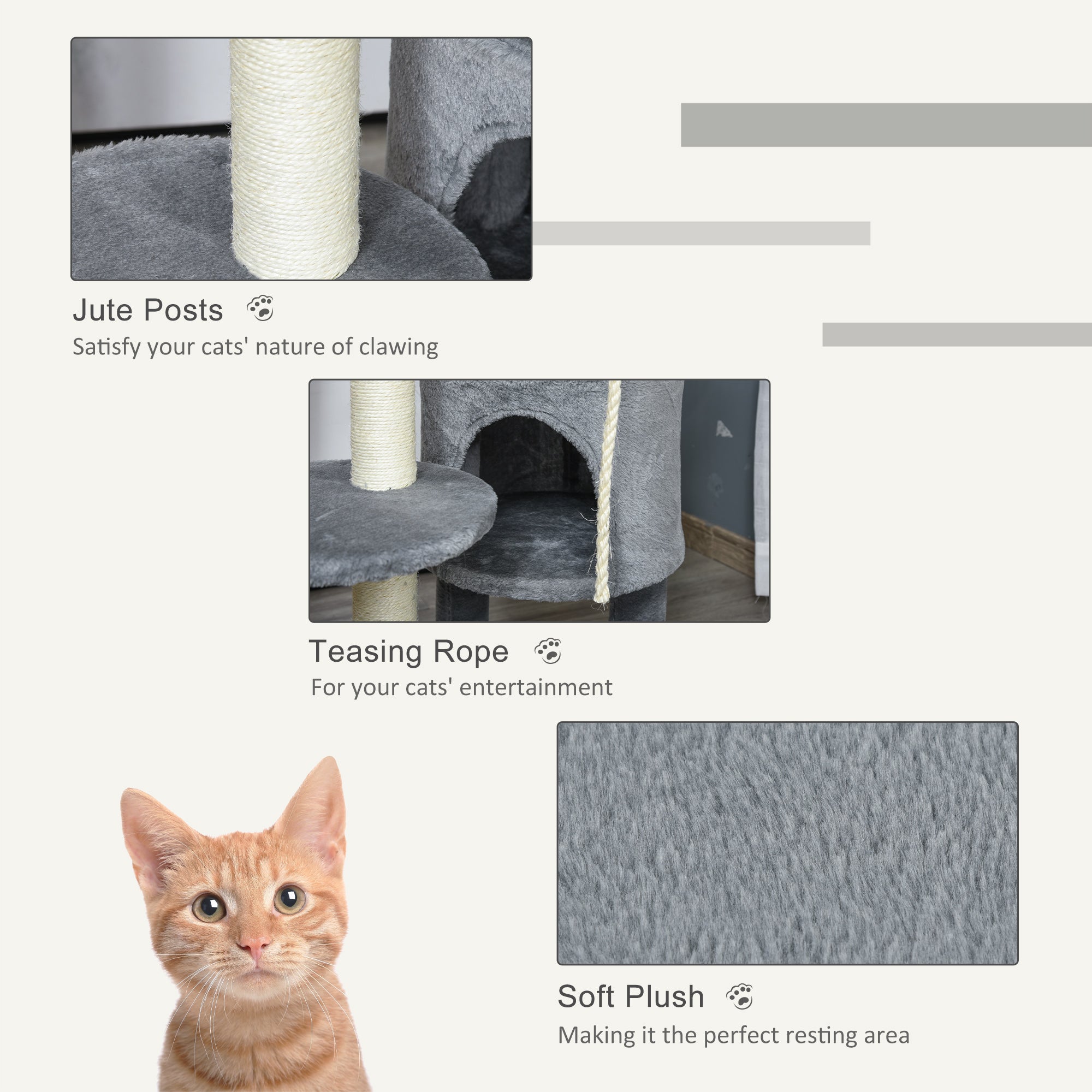 PawHut Cat Tree for Indoor Cats, 44 Inches Multi-Level Cat Tower, Climbing Activity Center with Jute Scratching Post, Perch, Hanging Ball Toy, Teasing Rope, Dark Grey