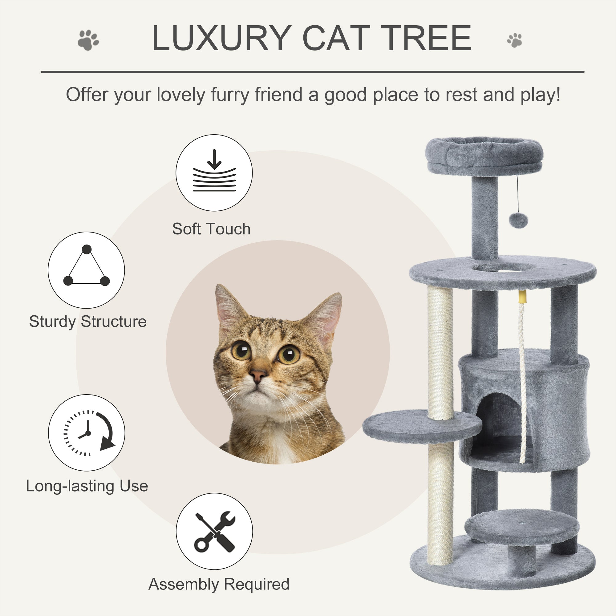 PawHut Cat Tree for Indoor Cats, 44 Inches Multi-Level Cat Tower, Climbing Activity Center with Jute Scratching Post, Perch, Hanging Ball Toy, Teasing Rope, Dark Grey