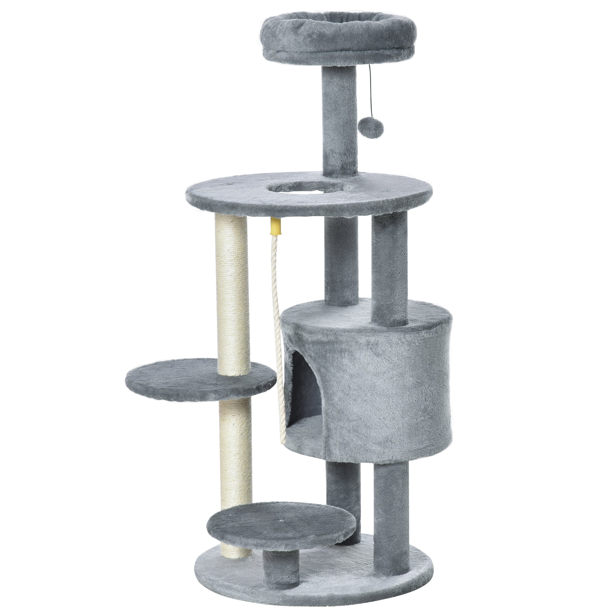 PawHut Cat Tree for Indoor Cats, 44 Inches Multi-Level Cat Tower, Climbing Activity Center with Jute Scratching Post, Perch, Hanging Ball Toy, Teasing Rope, Dark Grey