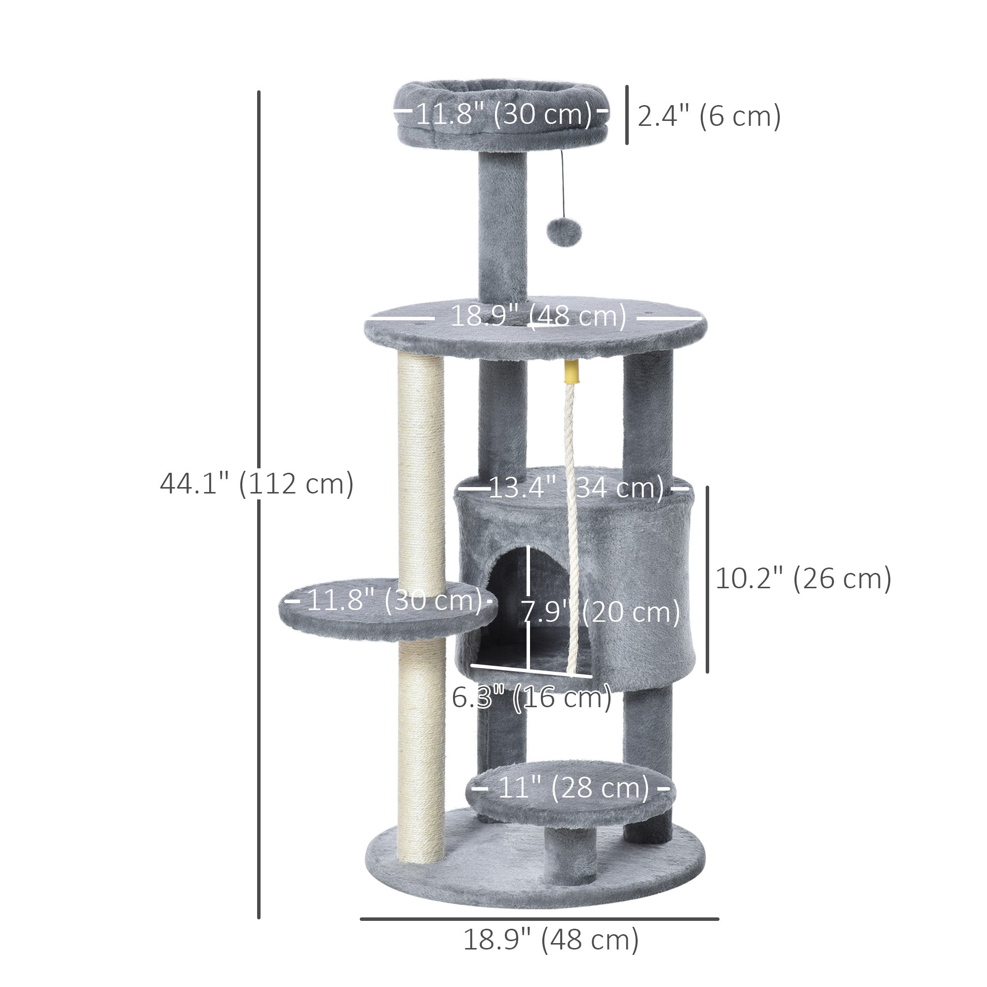PawHut Cat Tree for Indoor Cats, 44 Inches Multi-Level Cat Tower, Climbing Activity Center with Jute Scratching Post, Perch, Hanging Ball Toy, Teasing Rope, Dark Grey