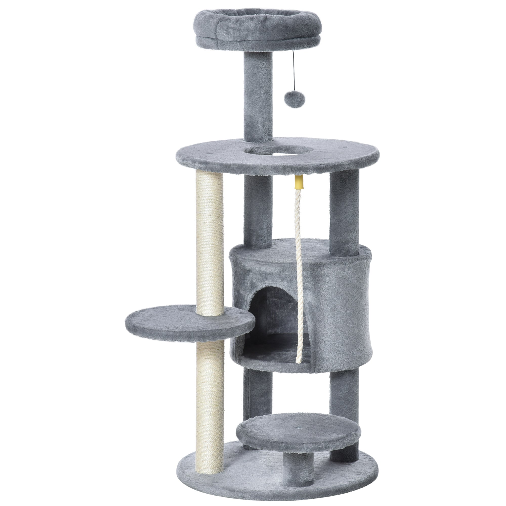 PawHut Cat Tree for Indoor Cats, 44 Inches Multi-Level Cat Tower, Climbing Activity Center with Jute Scratching Post, Perch, Hanging Ball Toy, Teasing Rope, Dark Grey