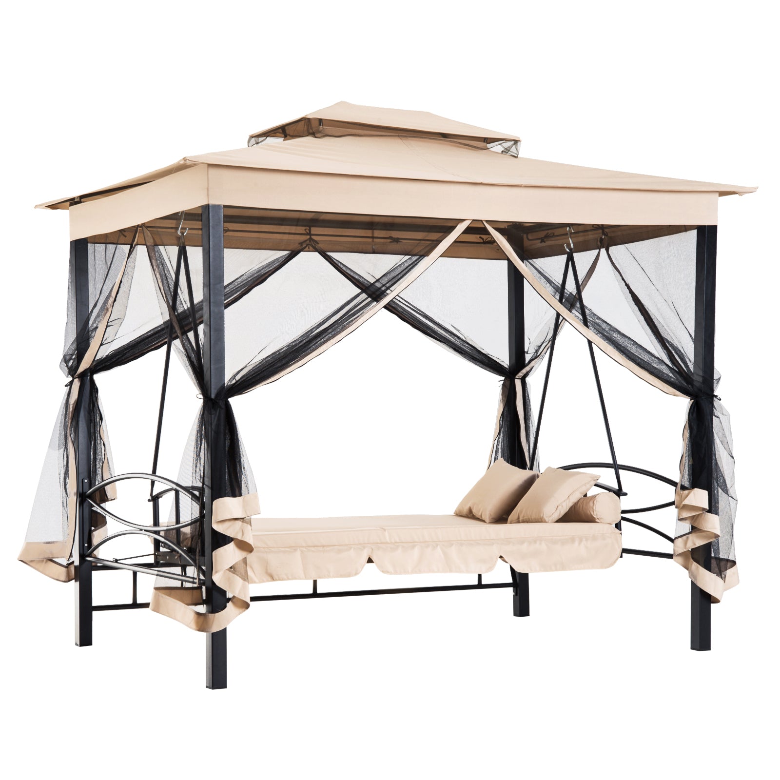 Outsunny 3 Person Outdoor Patio Daybed 3 in 1 Canopy Gazebo Swing Chair Garden Hammock with Mesh Mosquito Net and Sun Shade, Beige