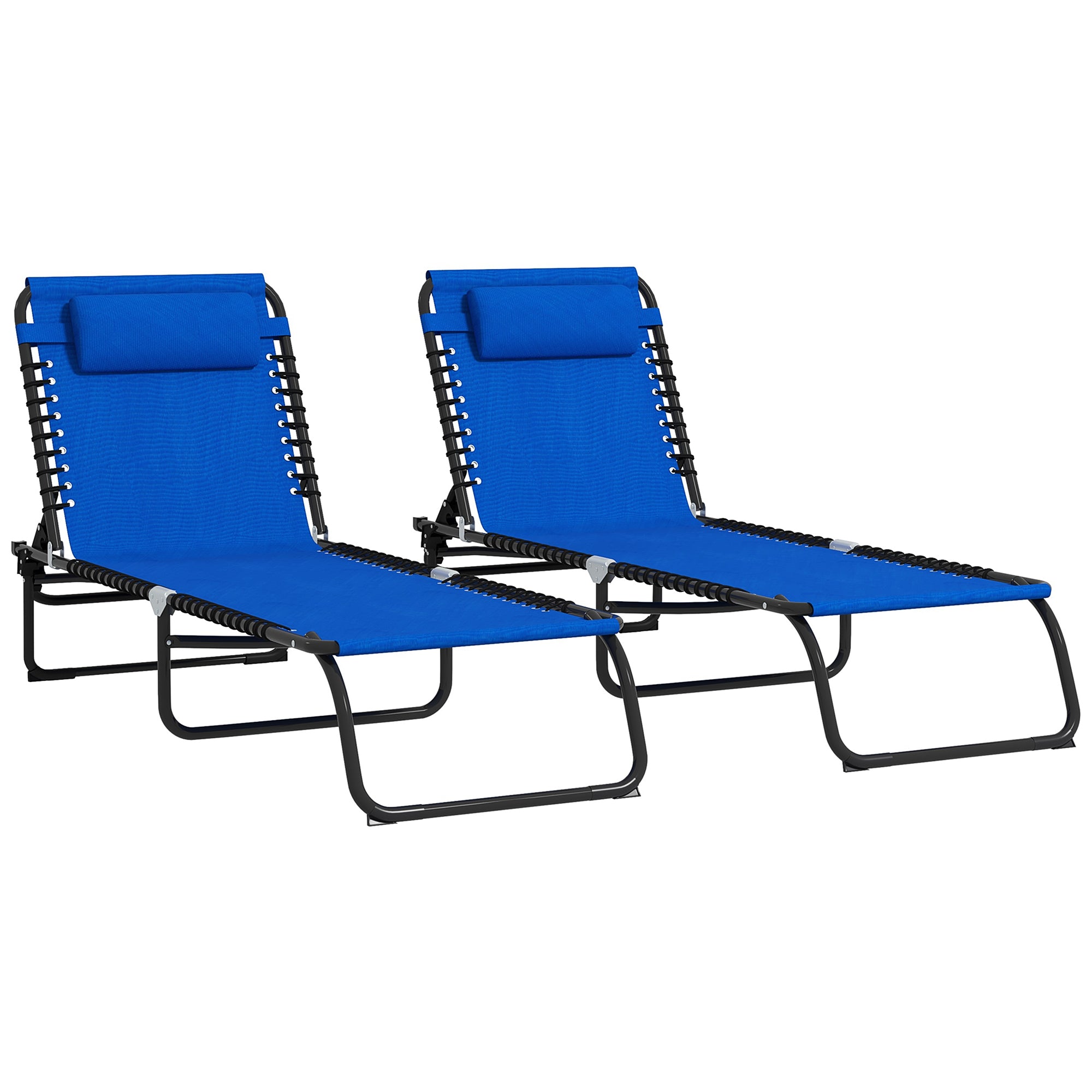 Outsunny 2 Pieces Folding Lounge Chairs, 4-Level Adjustable Chaise Lounges with Headrest, Tanning Chair Beach Beds, Reclining Lounger Cot for Camping, Hiking, Backyard, Blue