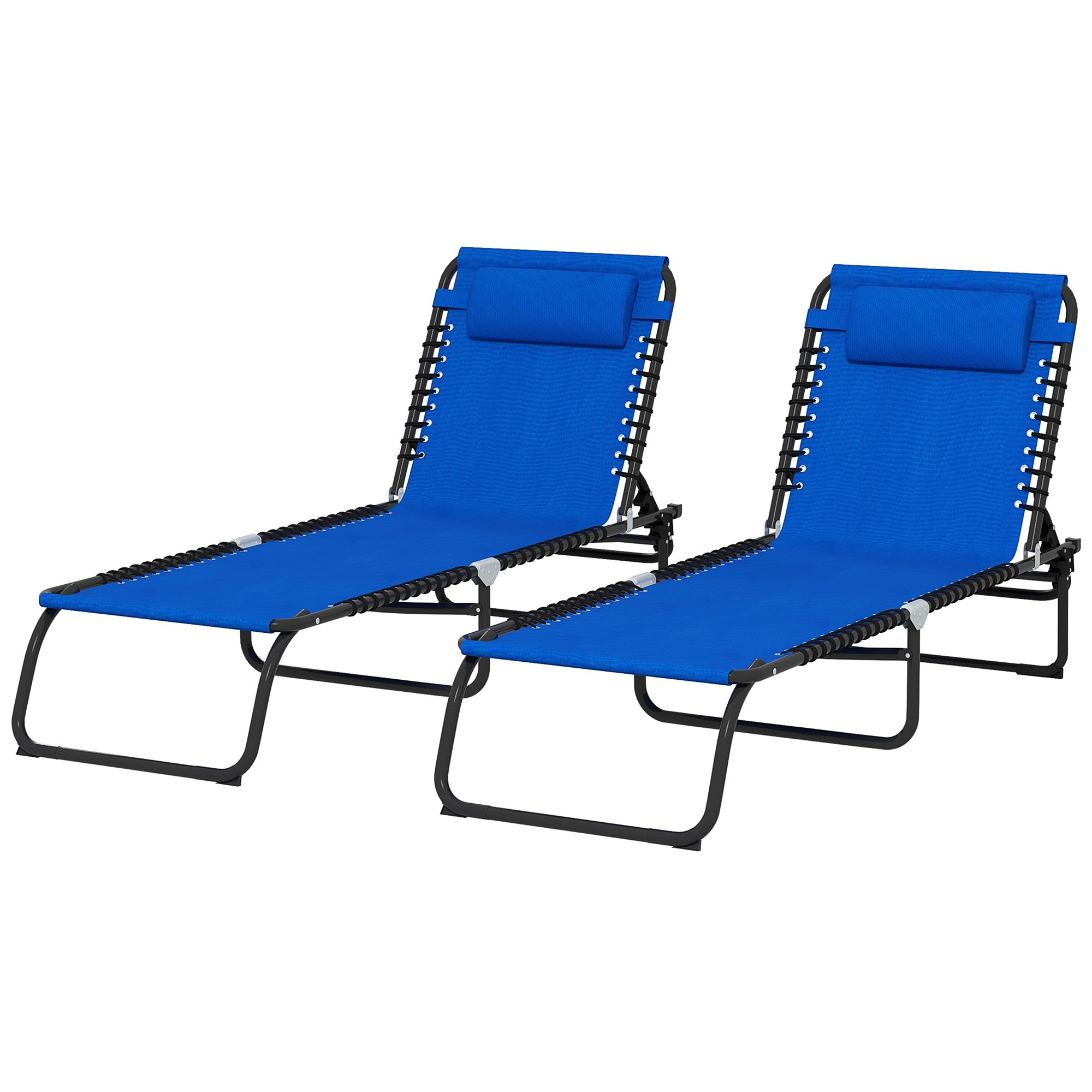 Outsunny 2 Pieces Folding Lounge Chairs, 4-Level Adjustable Chaise Lounges with Headrest, Tanning Chair Beach Beds, Reclining Lounger Cot for Camping, Hiking, Backyard, Blue