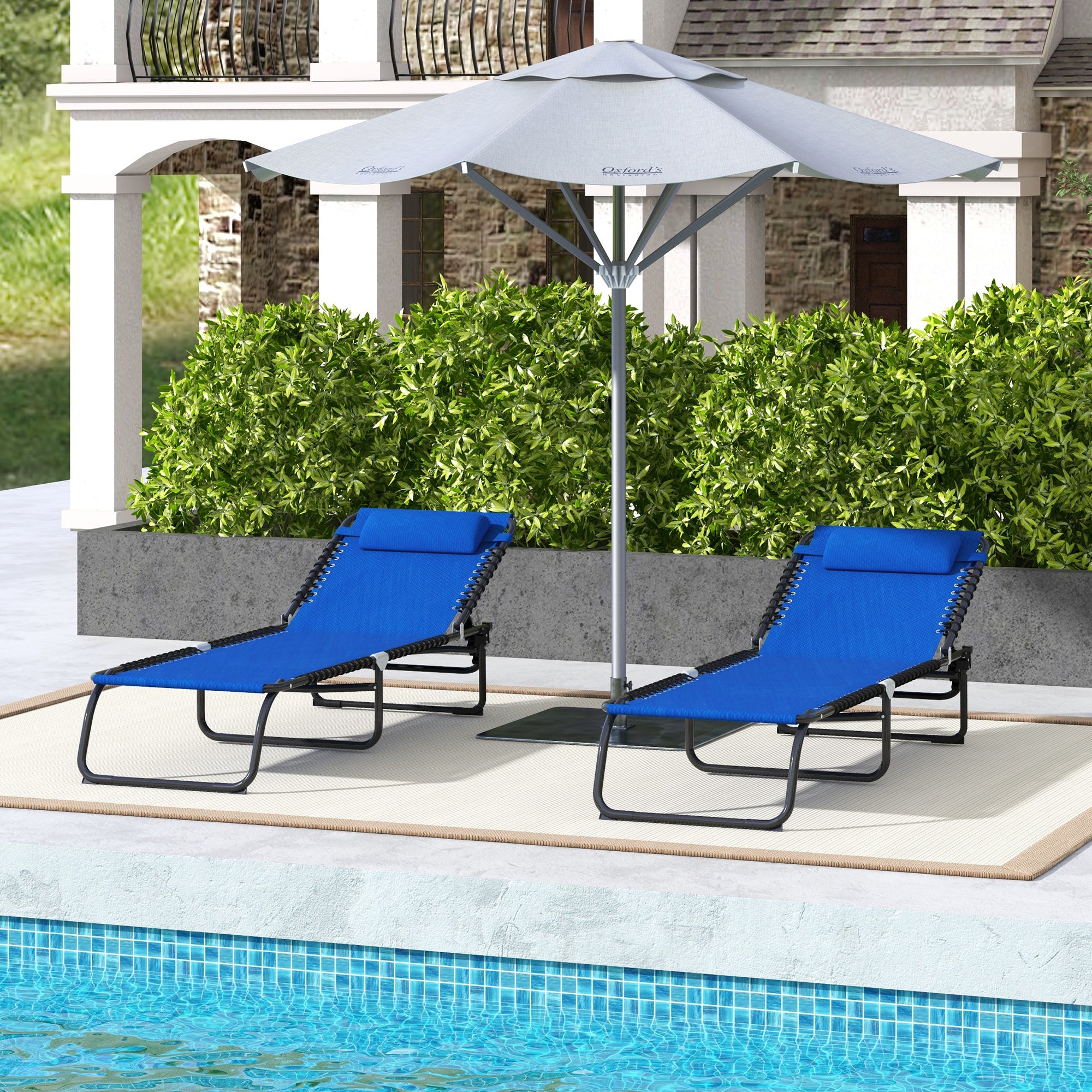Outsunny 2 Pieces Folding Lounge Chairs, 4-Level Adjustable Chaise Lounges with Headrest, Tanning Chair Beach Beds, Reclining Lounger Cot for Camping, Hiking, Backyard, Blue