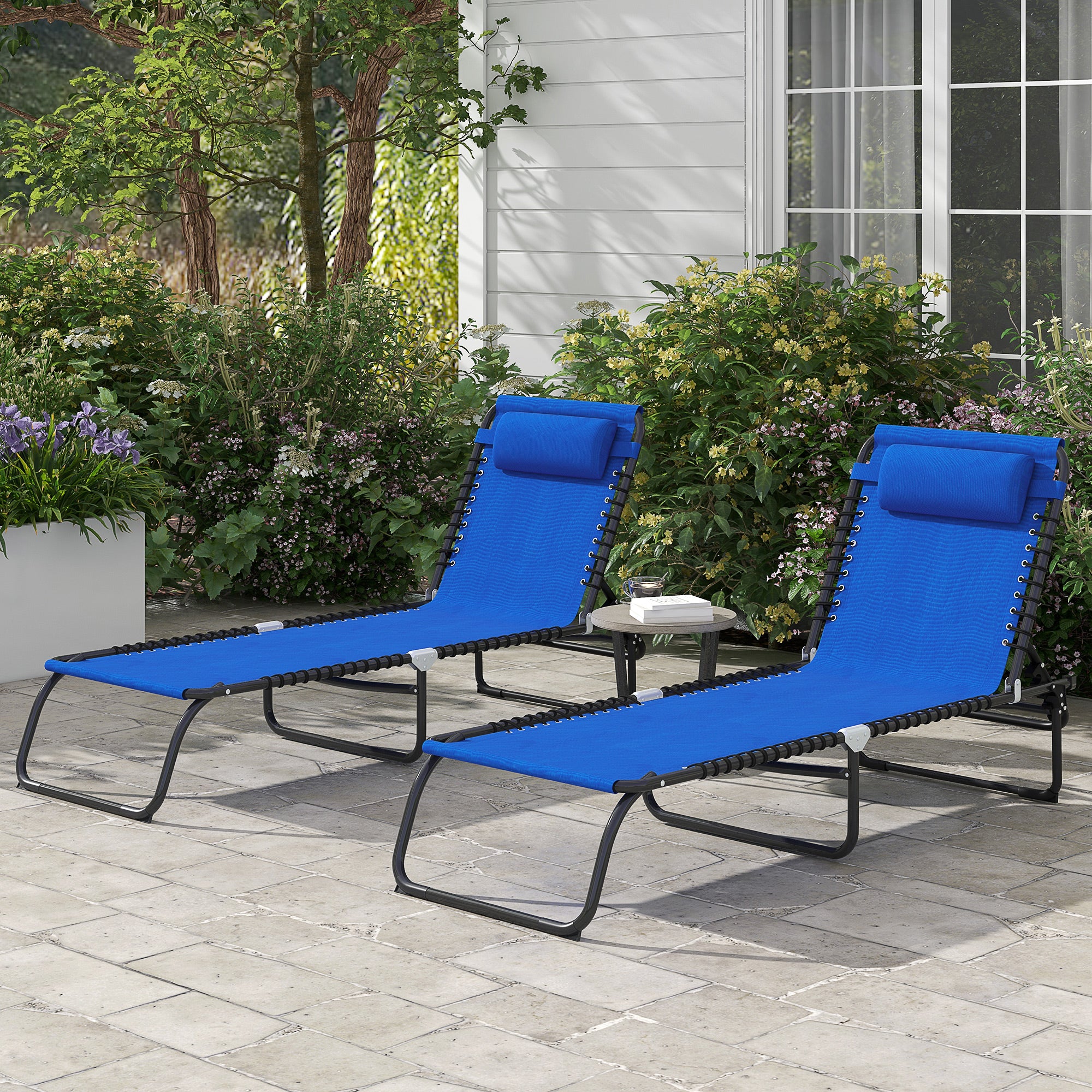 Outsunny 2 Pieces Folding Lounge Chairs, 4-Level Adjustable Chaise Lounges with Headrest, Tanning Chair Beach Beds, Reclining Lounger Cot for Camping, Hiking, Backyard, Blue