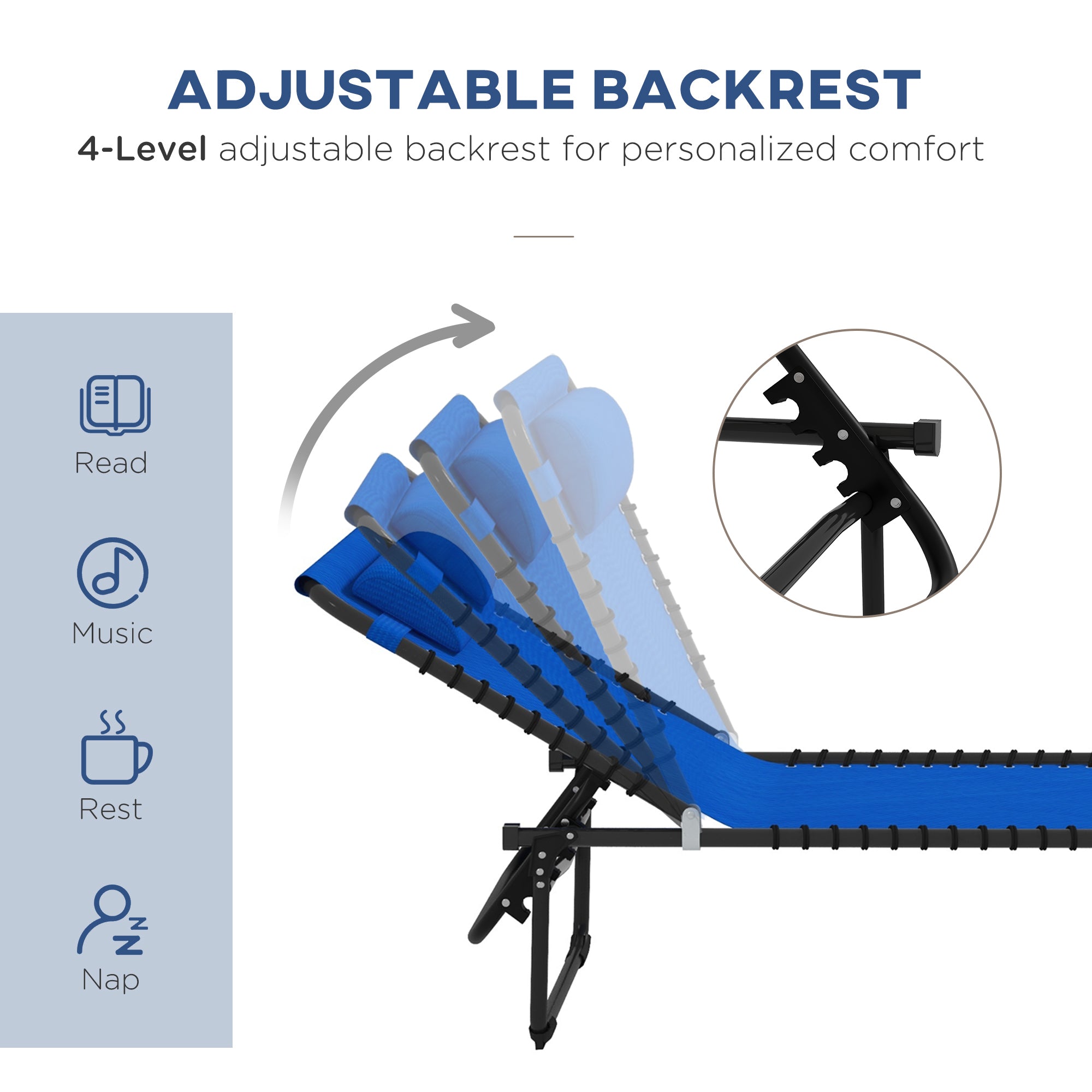 Outsunny 2 Pieces Folding Lounge Chairs, 4-Level Adjustable Chaise Lounges with Headrest, Tanning Chair Beach Beds, Reclining Lounger Cot for Camping, Hiking, Backyard, Blue