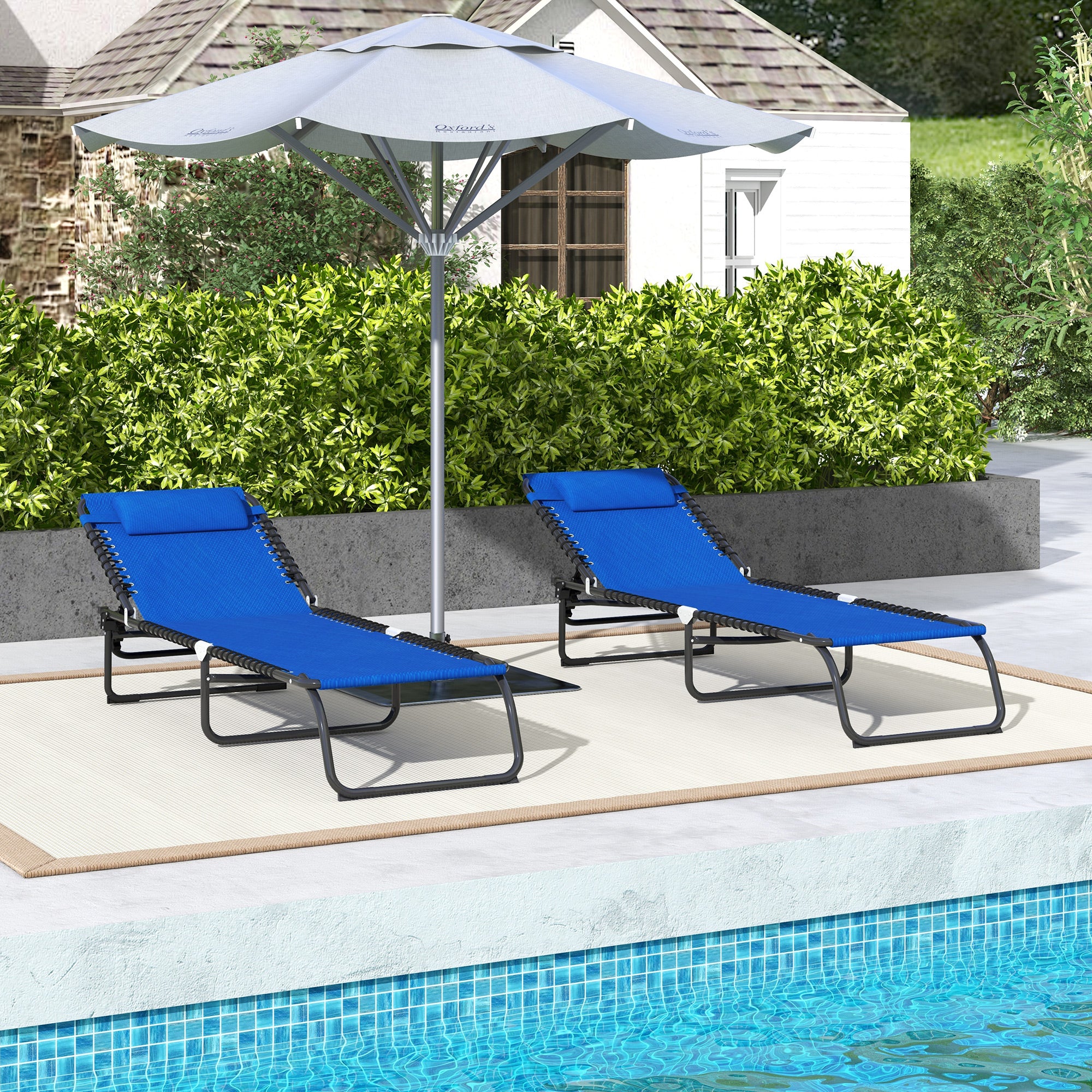 Outsunny 2 Pieces Folding Lounge Chairs, 4-Level Adjustable Chaise Lounges with Headrest, Tanning Chair Beach Beds, Reclining Lounger Cot for Camping, Hiking, Backyard, Blue