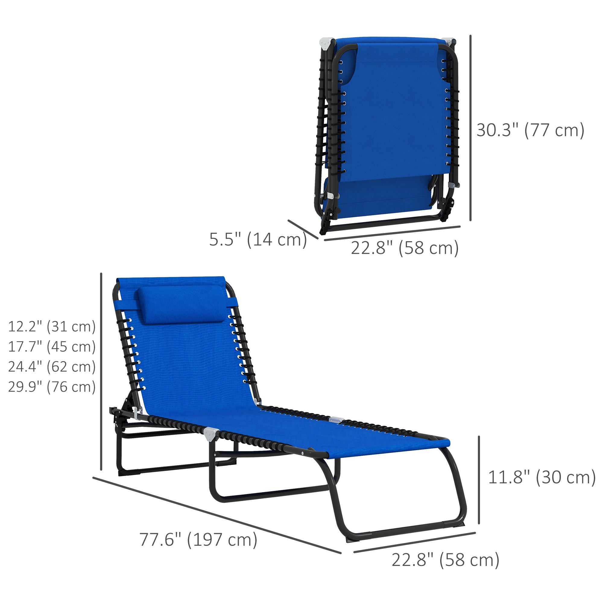 Outsunny 2 Pieces Folding Lounge Chairs, 4-Level Adjustable Chaise Lounges with Headrest, Tanning Chair Beach Beds, Reclining Lounger Cot for Camping, Hiking, Backyard, Blue