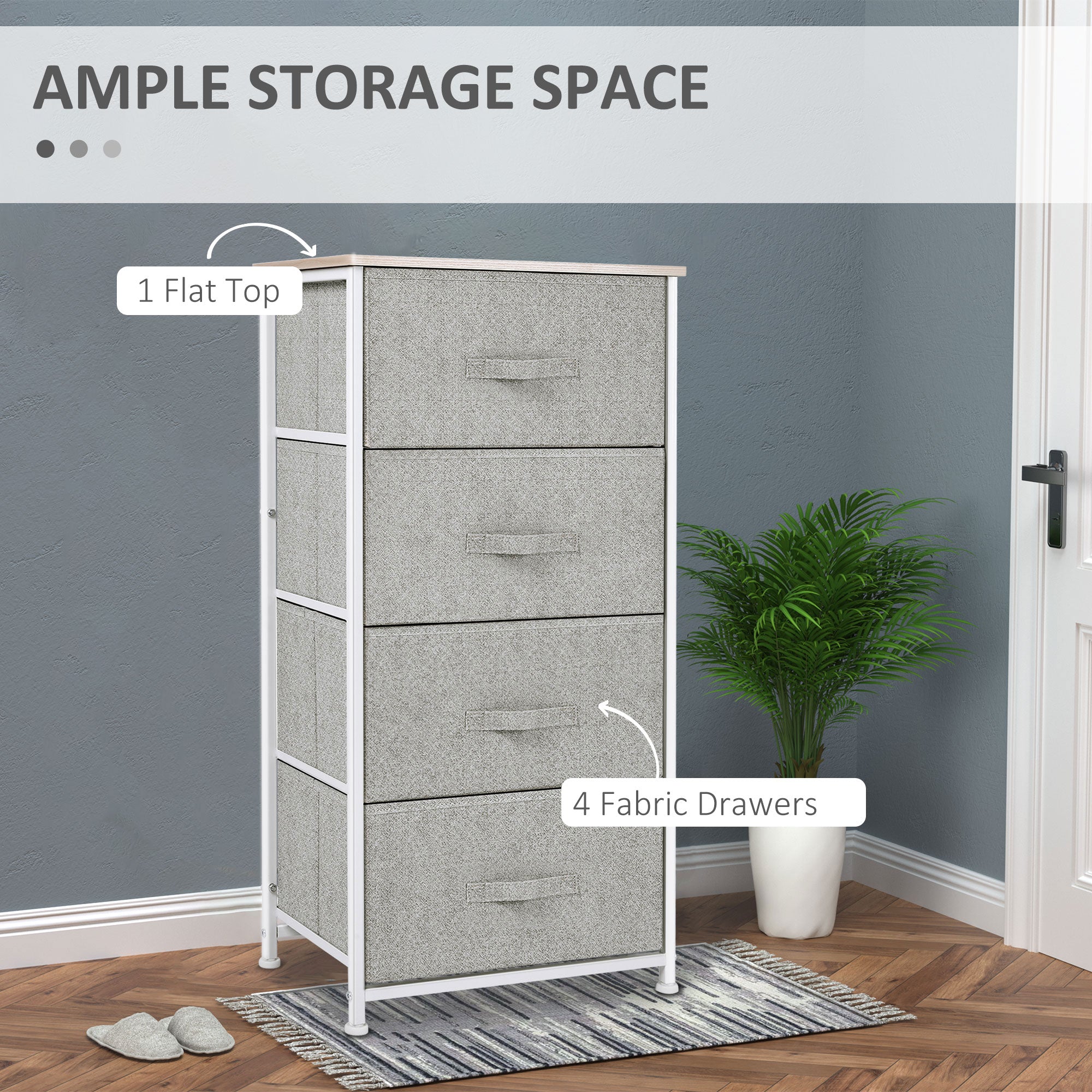 HOMCOM Linen Drawer Cabinet Organizer Storage Dresser Tower with 4 Removable Drawer Metal Frame Adjustable Feet for Living Room, Kitchen, Bathroom, White