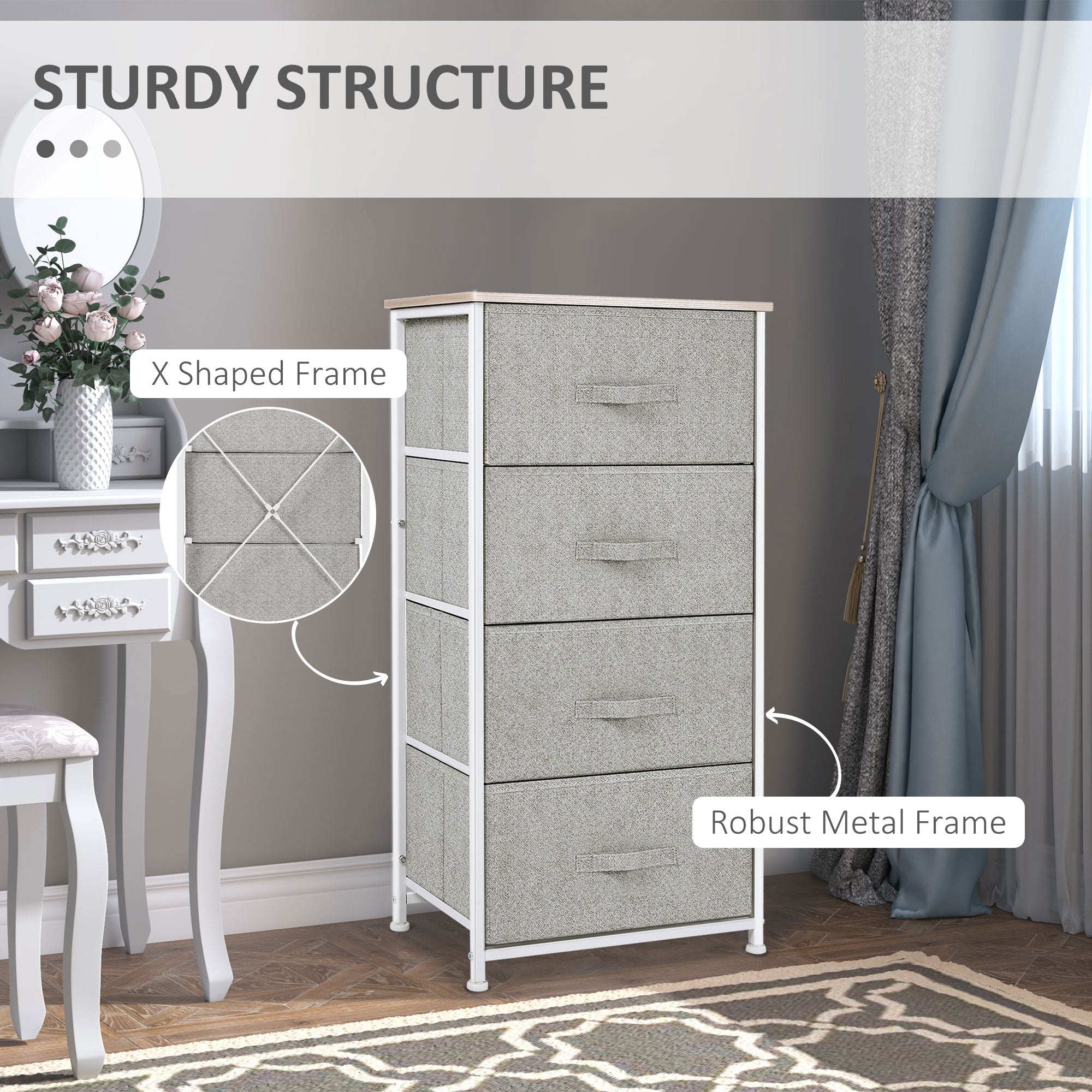 HOMCOM Linen Drawer Cabinet Organizer Storage Dresser Tower with 4 Removable Drawer Metal Frame Adjustable Feet for Living Room, Kitchen, Bathroom, White