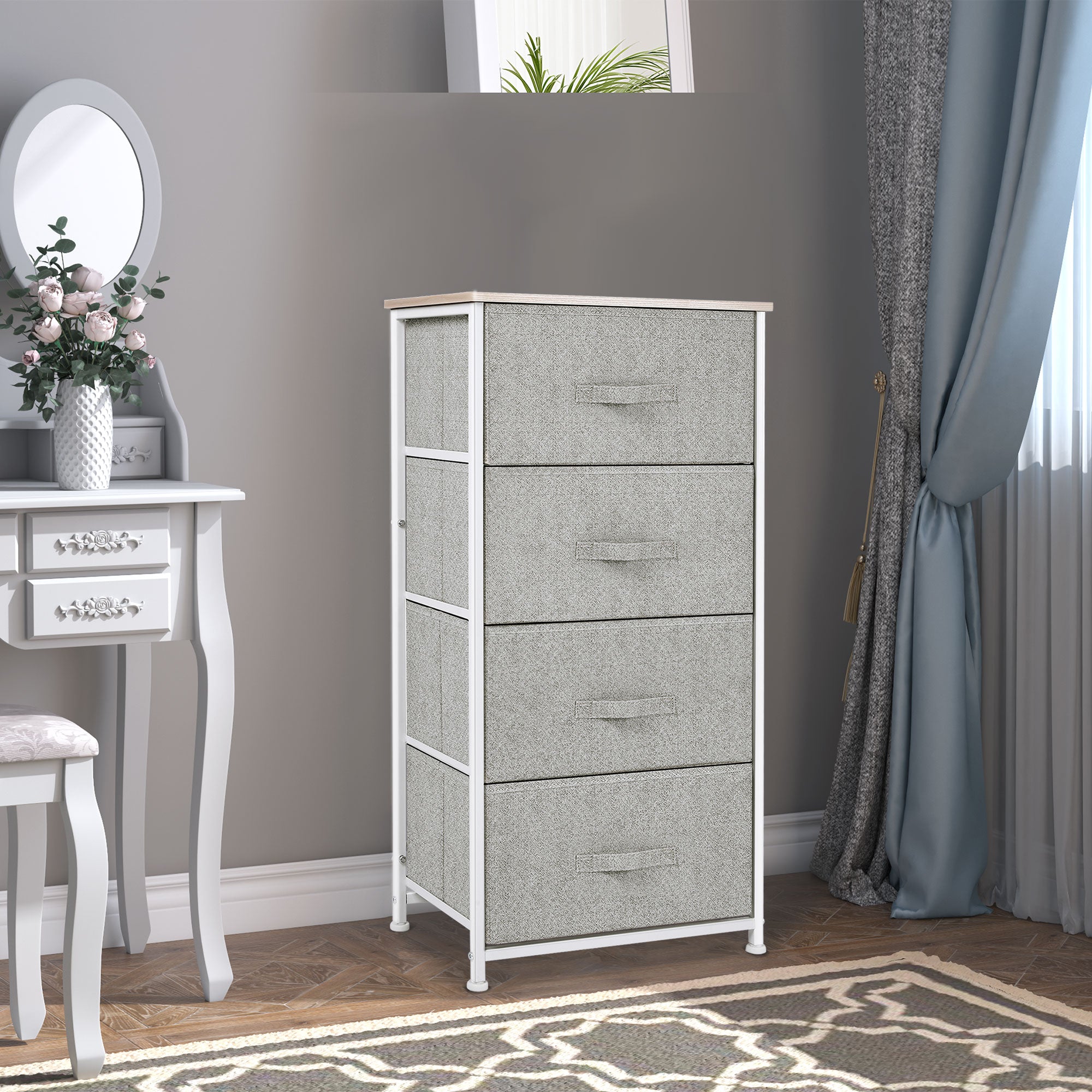 HOMCOM Linen Drawer Cabinet Organizer Storage Dresser Tower with 4 Removable Drawer Metal Frame Adjustable Feet for Living Room, Kitchen, Bathroom, White