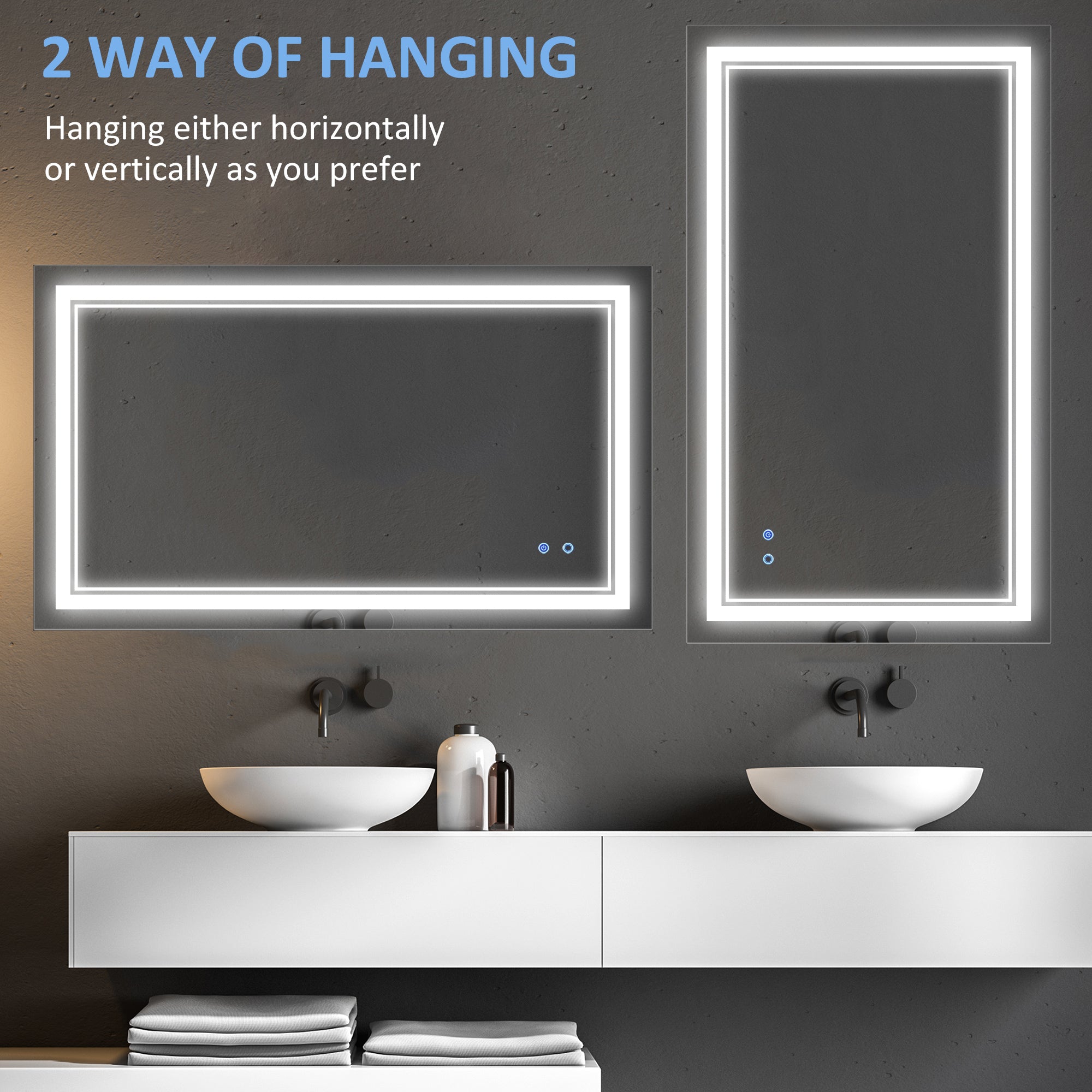 kleankin 40" x 24" LED Bathroom Mirror, Dimmable Lighted Wall-Mounted Mirror, with 3 Colour, Smart Touch, Plug-in, Vertical or Horizontal Hanging