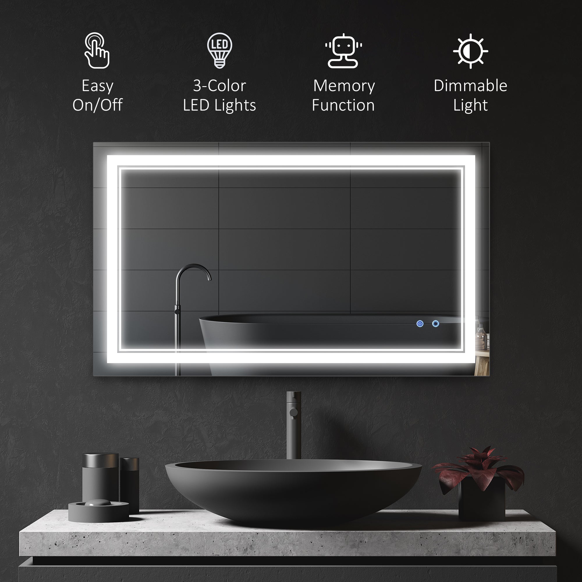 kleankin 40" x 24" LED Bathroom Mirror, Dimmable Lighted Wall-Mounted Mirror, with 3 Colour, Smart Touch, Plug-in, Vertical or Horizontal Hanging