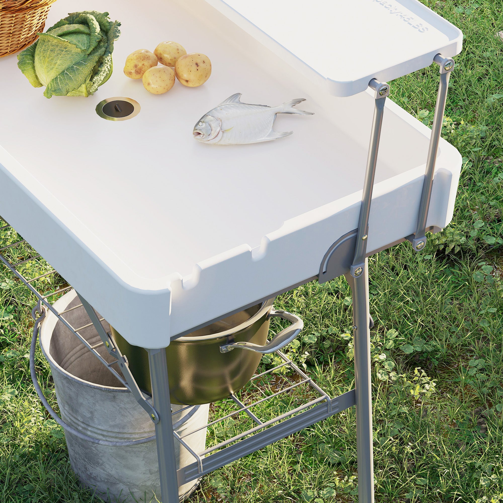 Outsunny 3.5ft Folding Ice Cooler Table with Drain, 2-Tier Party Cooler Table Outdoor Cooler Table with Shelf, Patio Cooler Table for Party Picnic BBQ Camping Wedding, White