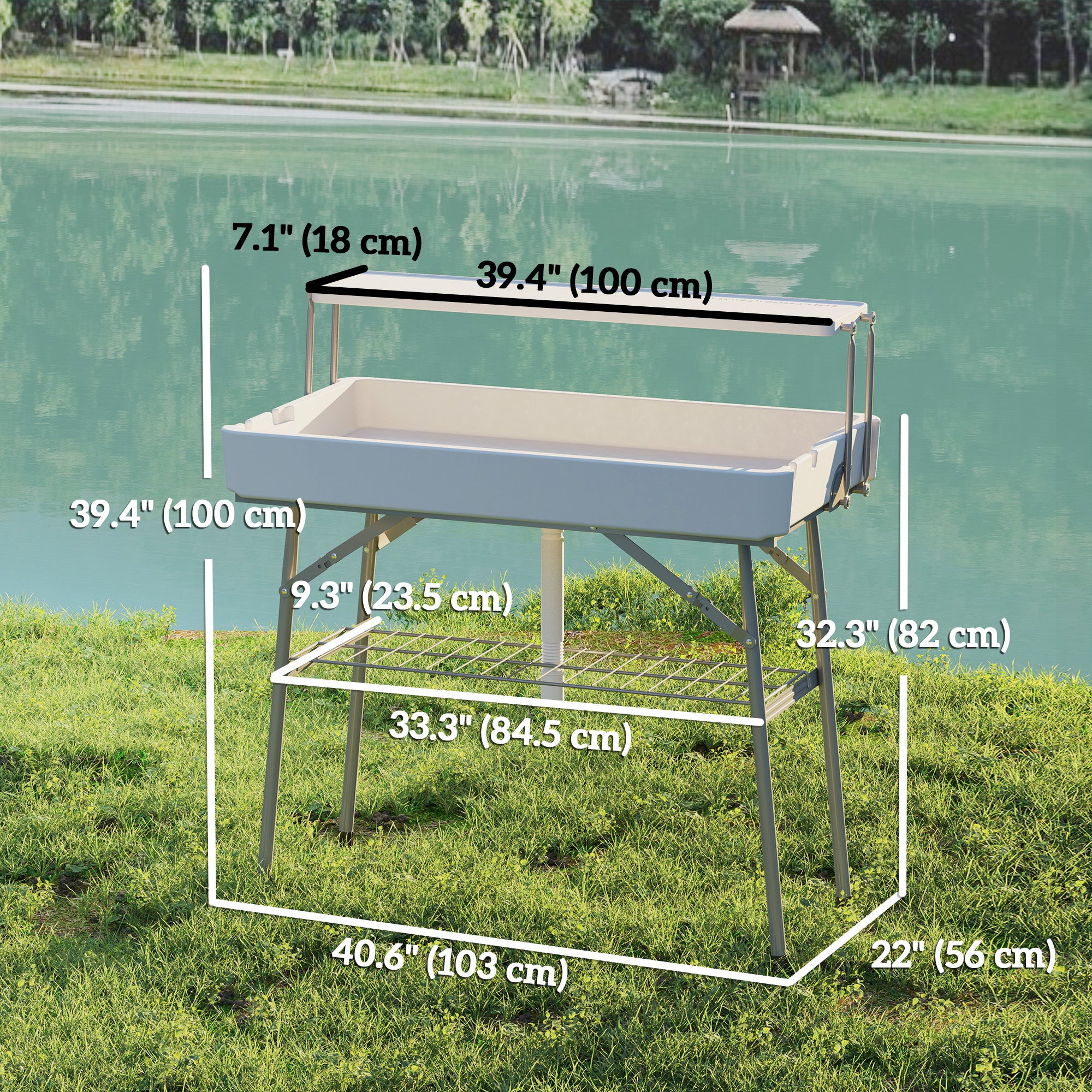 Outsunny 3.5ft Folding Ice Cooler Table with Drain, 2-Tier Party Cooler Table Outdoor Cooler Table with Shelf, Patio Cooler Table for Party Picnic BBQ Camping Wedding, White