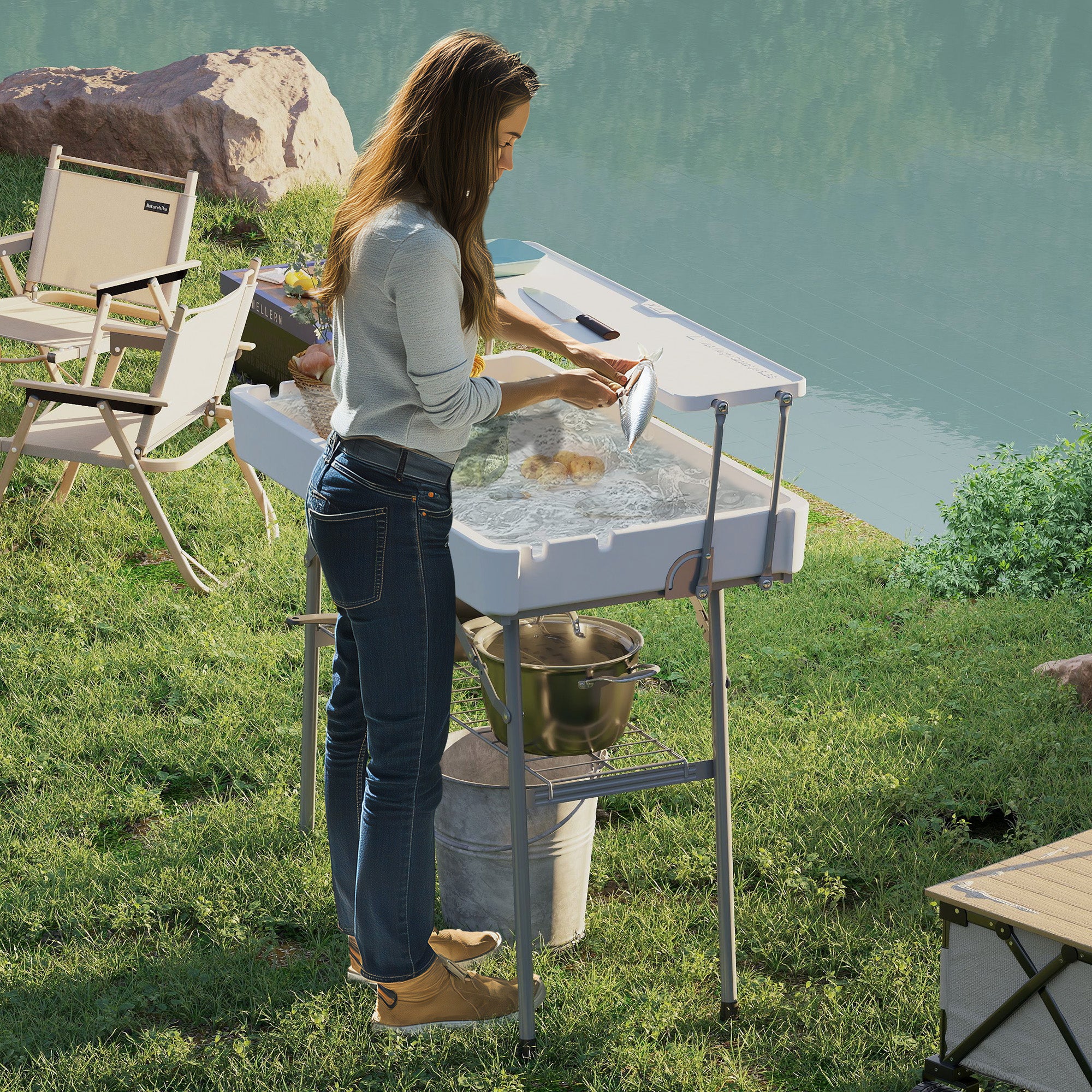 Outsunny 3.5ft Folding Ice Cooler Table with Drain, 2-Tier Party Cooler Table Outdoor Cooler Table with Shelf, Patio Cooler Table for Party Picnic BBQ Camping Wedding, White
