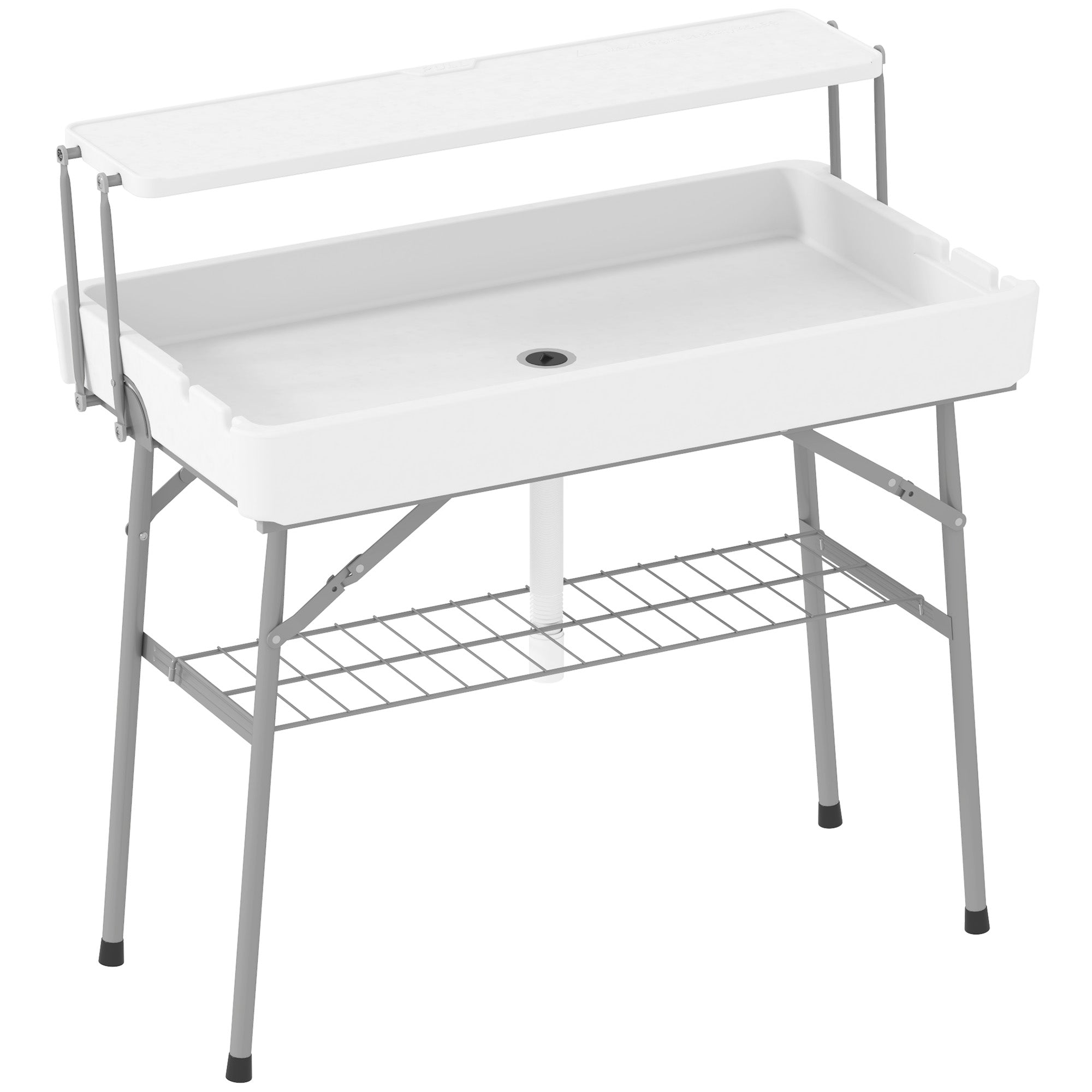 Outsunny 3.5ft Folding Ice Cooler Table with Drain, 2-Tier Party Cooler Table Outdoor Cooler Table with Shelf, Patio Cooler Table for Party Picnic BBQ Camping Wedding, White