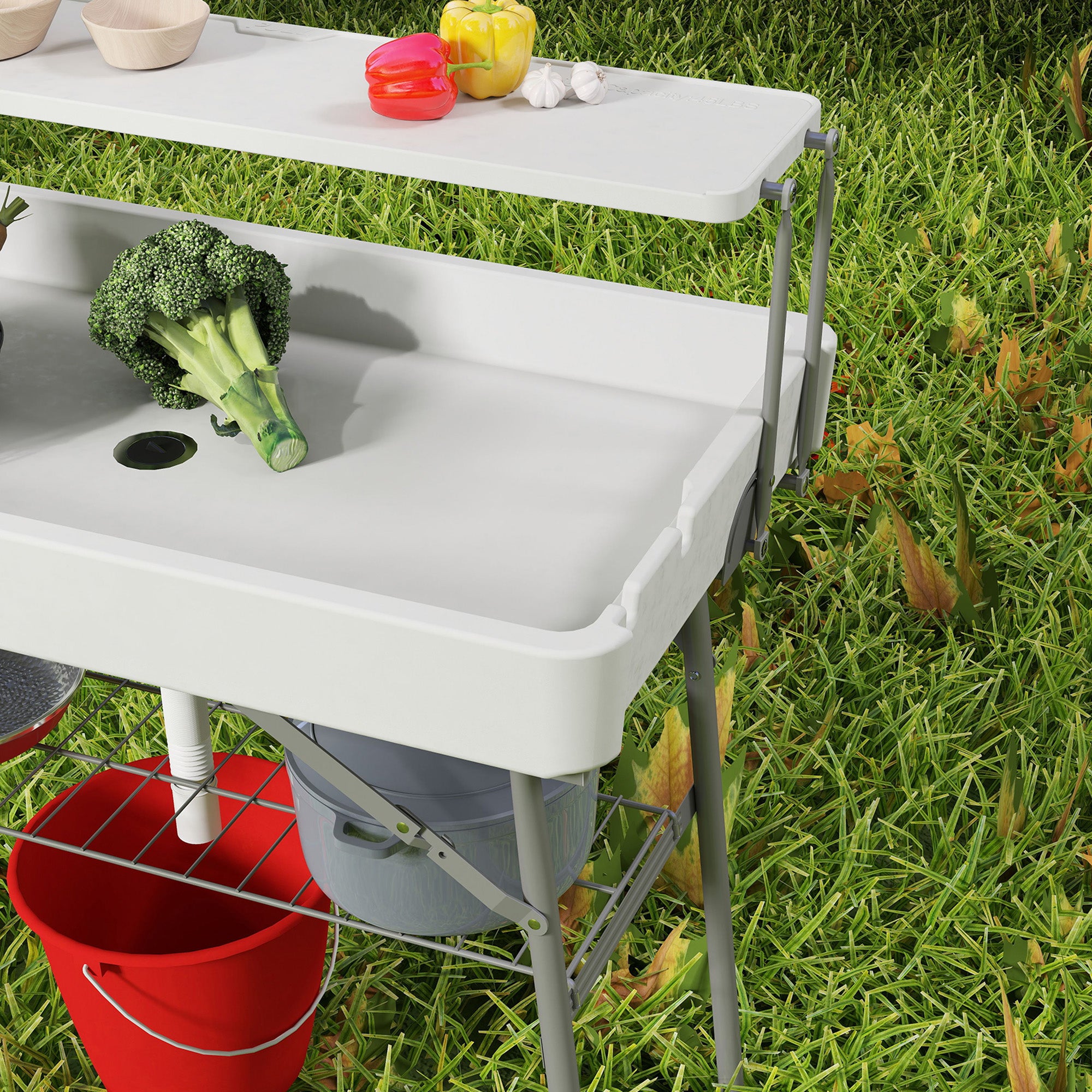 Outsunny 3.5ft Folding Ice Cooler Table with Drain, 2-Tier Party Cooler Table Outdoor Cooler Table with Shelf, Patio Cooler Table for Party Picnic BBQ Camping Wedding, White