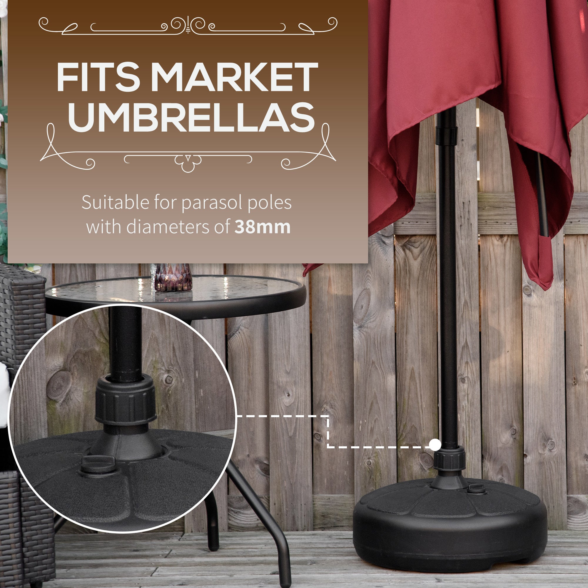 Outsunny Patio Umbrella Base, Round Umbrella Stand, Water or Sand Filled, Garden Umbrella Holder for 1.26", 1.5" Poles, Black