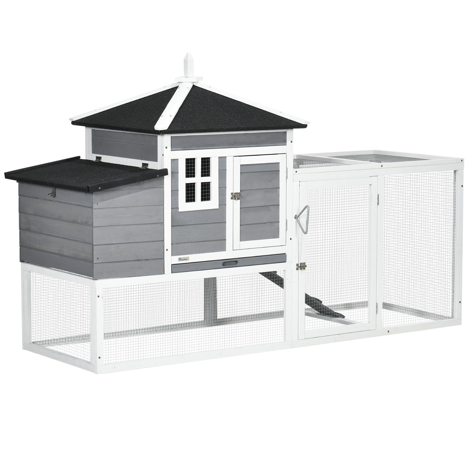 PawHut 73 in Chicken Coop with Run, Wooden Hen House with Nesting Box, Removable Tray, Asphalt Roof, Ramp, Outdoor Poultry Cage, Gray
