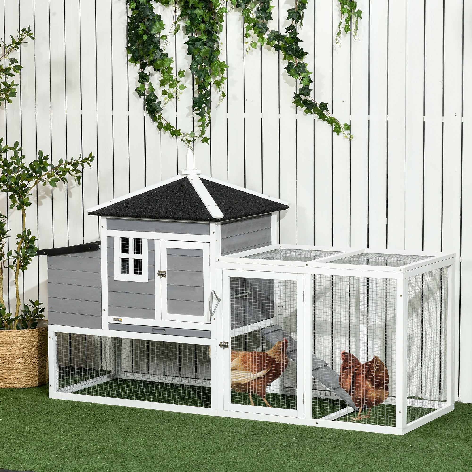 PawHut 73 in Chicken Coop with Run, Wooden Hen House with Nesting Box, Removable Tray, Asphalt Roof, Ramp, Outdoor Poultry Cage, Gray