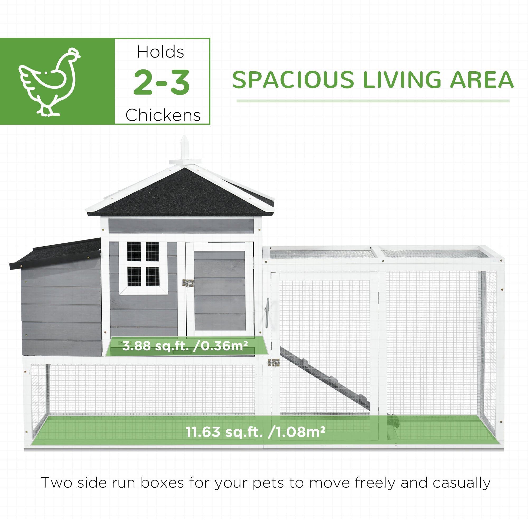 PawHut 73 in Chicken Coop with Run, Wooden Hen House with Nesting Box, Removable Tray, Asphalt Roof, Ramp, Outdoor Poultry Cage, Gray