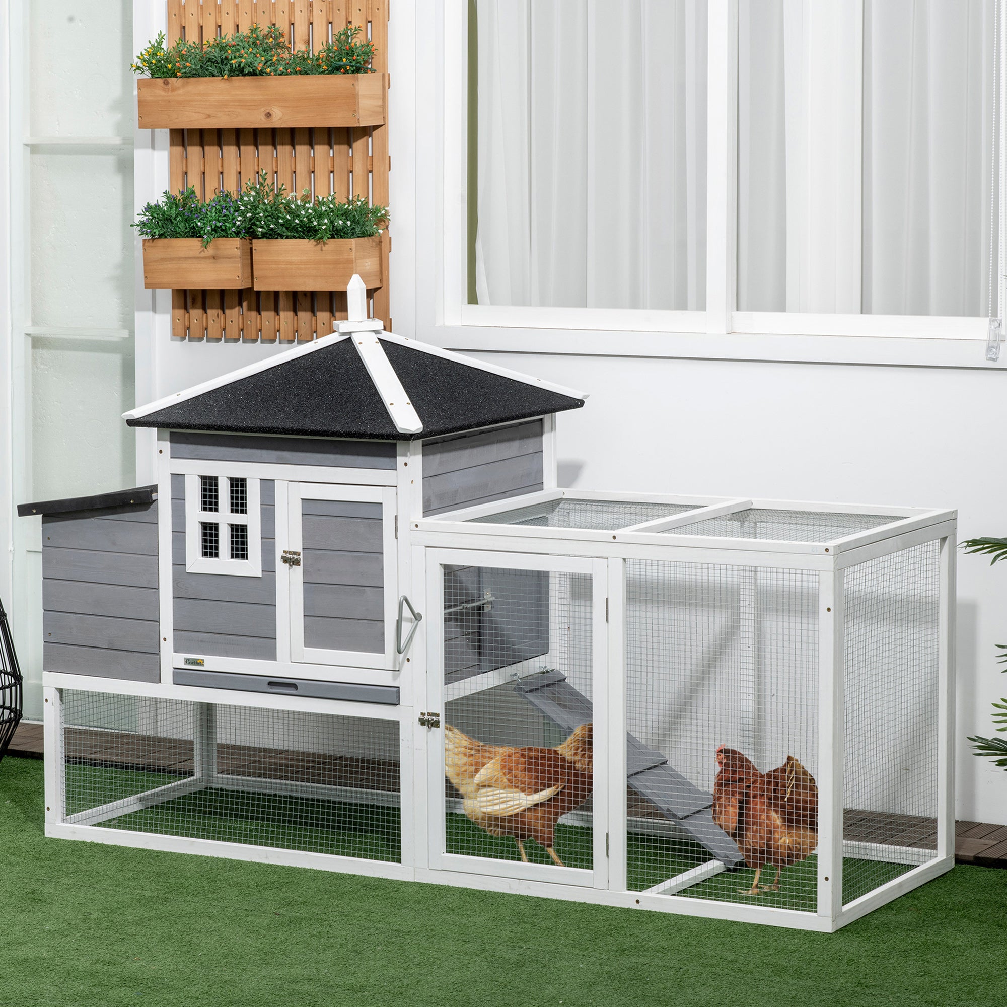 PawHut 73 in Chicken Coop with Run, Wooden Hen House with Nesting Box, Removable Tray, Asphalt Roof, Ramp, Outdoor Poultry Cage, Gray