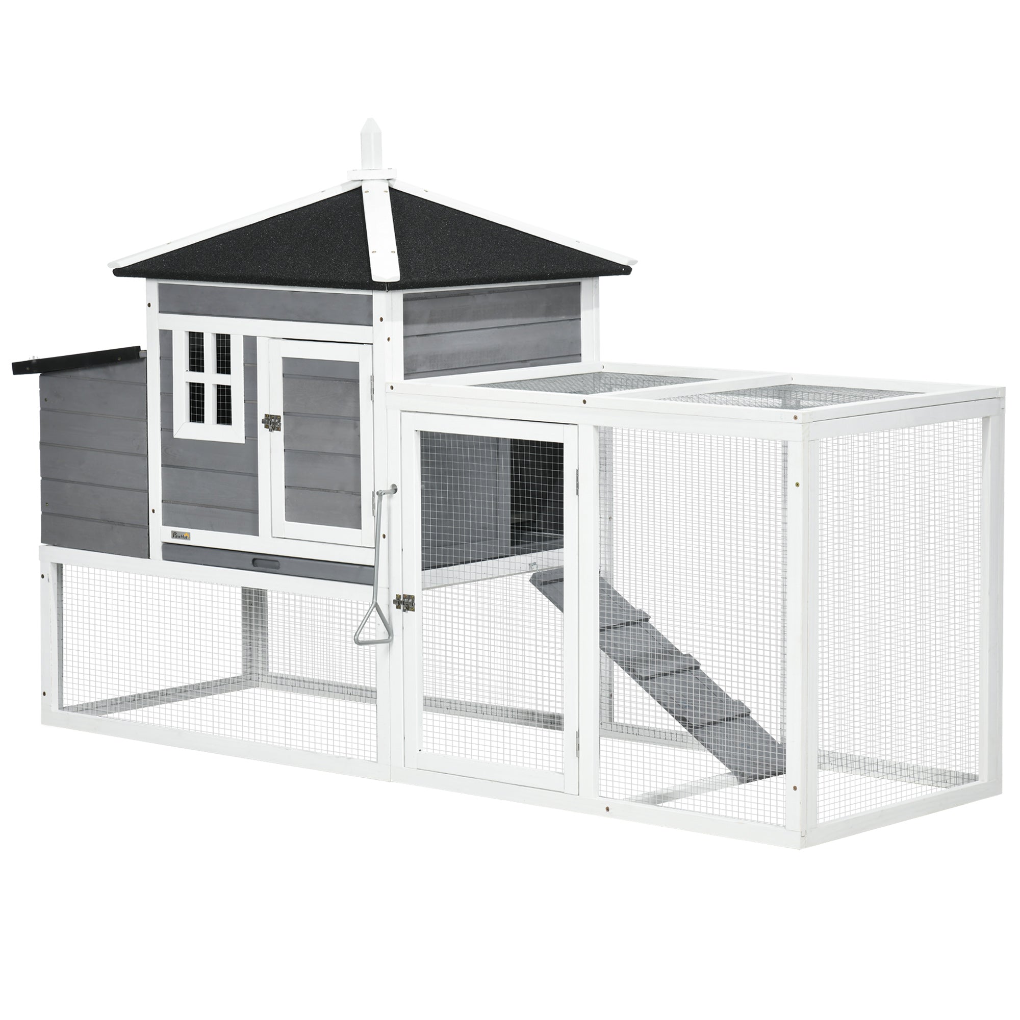 PawHut 73 in Chicken Coop with Run, Wooden Hen House with Nesting Box, Removable Tray, Asphalt Roof, Ramp, Outdoor Poultry Cage, Gray