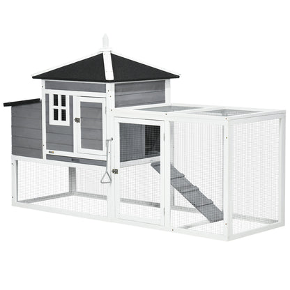 PawHut 73 in Chicken Coop with Run, Wooden Hen House with Nesting Box, Removable Tray, Asphalt Roof, Ramp, Outdoor Poultry Cage, Gray