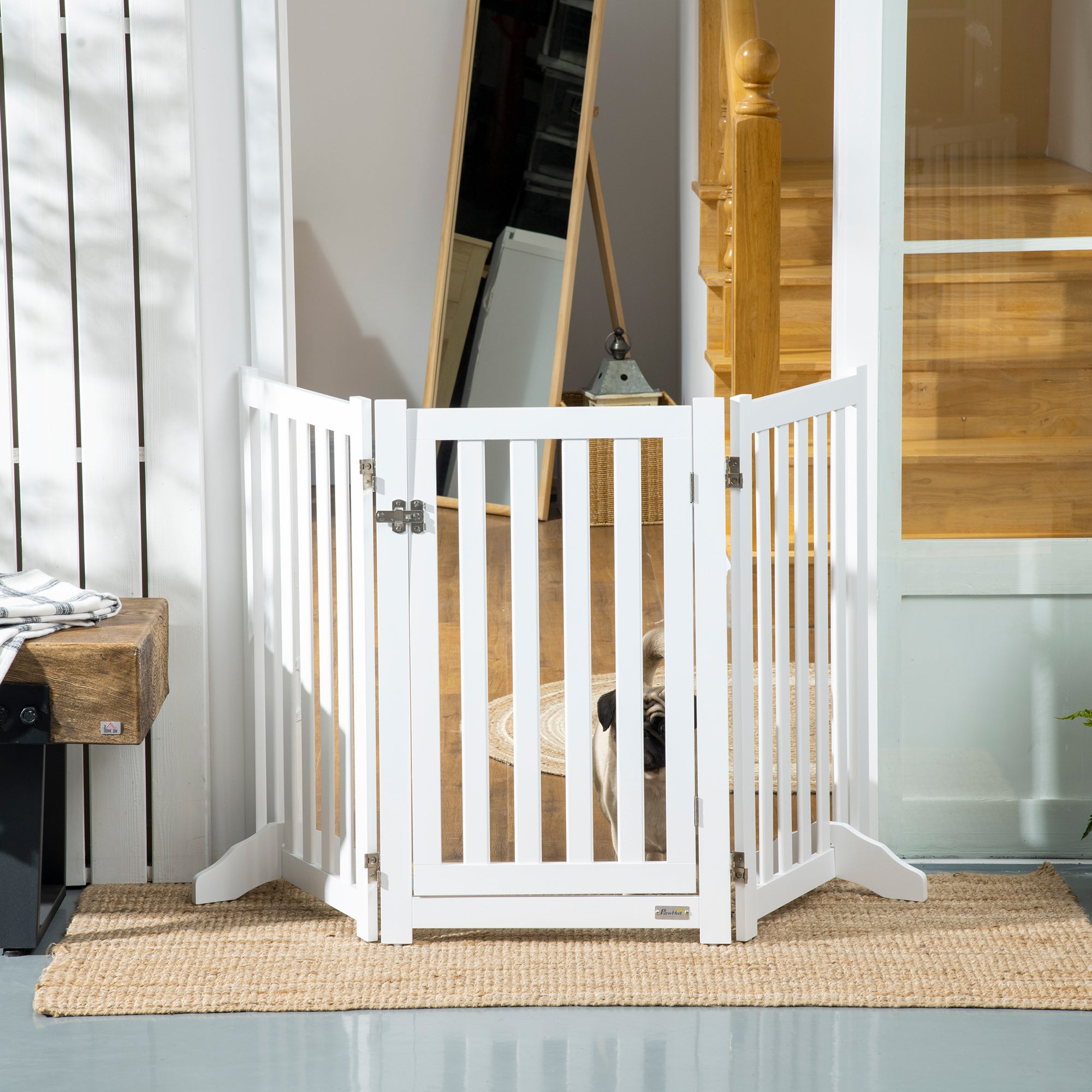 PawHut 31.5"H Foldable Dog Gate with Door, 3 Panels Freestanding Pet Gate Barriers Indoor with Support Feet, Puppy Fence for Small Medium Dogs, White