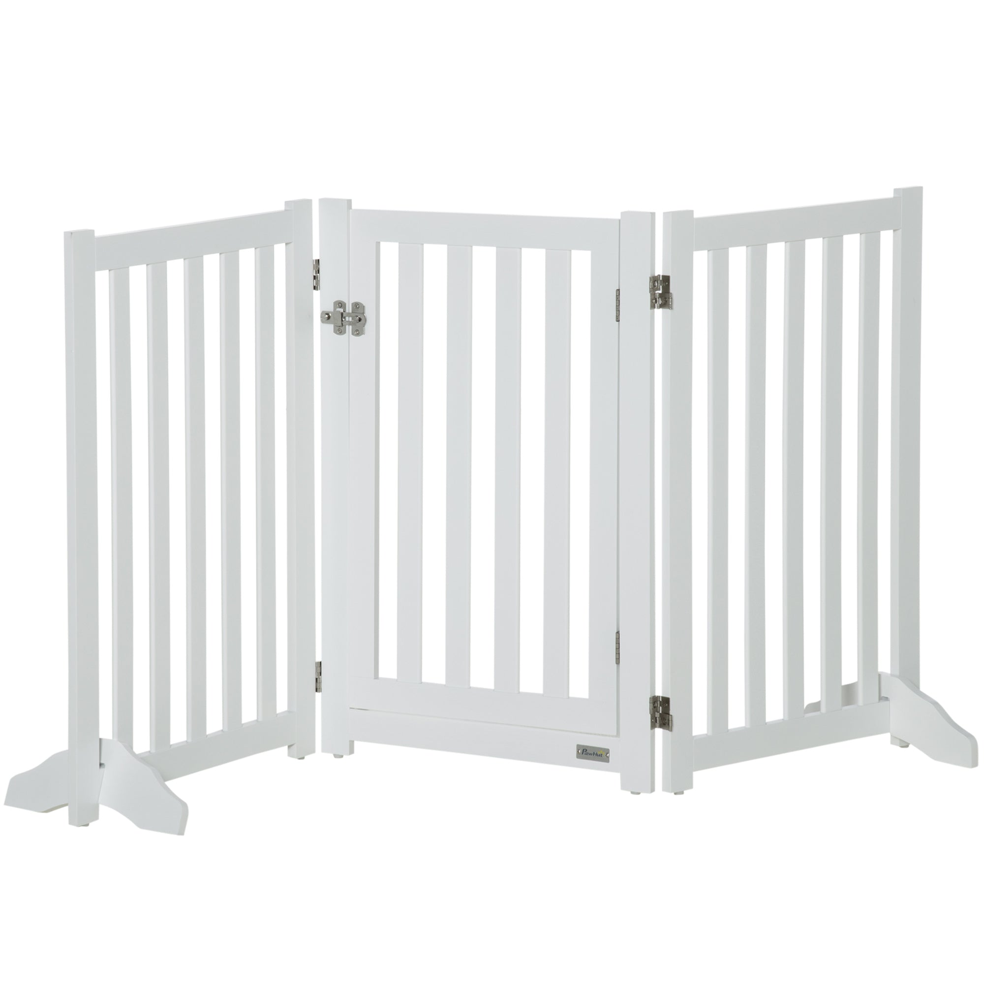 PawHut 31.5"H Foldable Dog Gate with Door, 3 Panels Freestanding Pet Gate Barriers Indoor with Support Feet, Puppy Fence for Small Medium Dogs, White