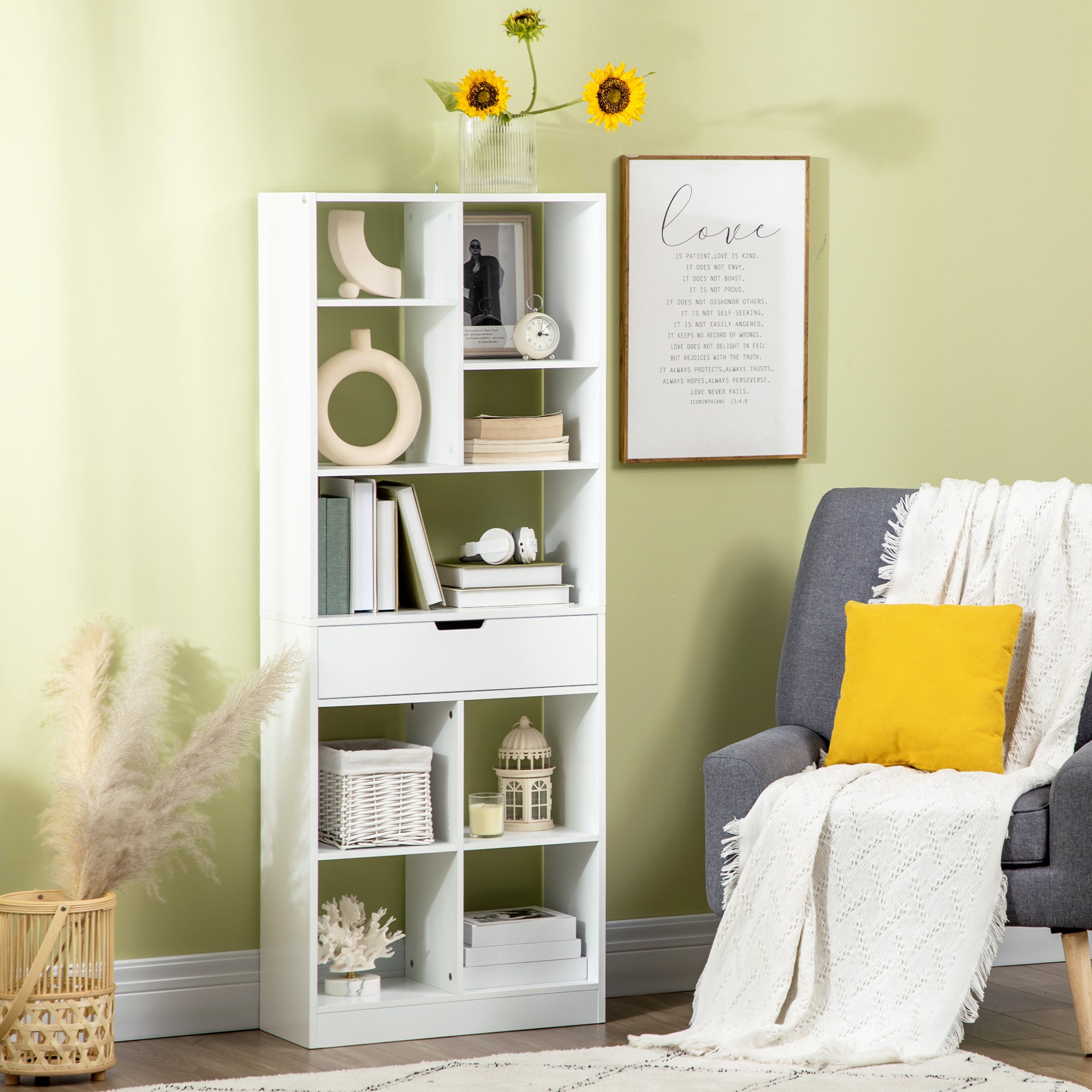 HOMCOM Tall Bookshelf with Drawer, Freestanding Bookcase with Open Shelves, Shelving Unit, Display Rack for Bedroom, Living Room, Home Office, White