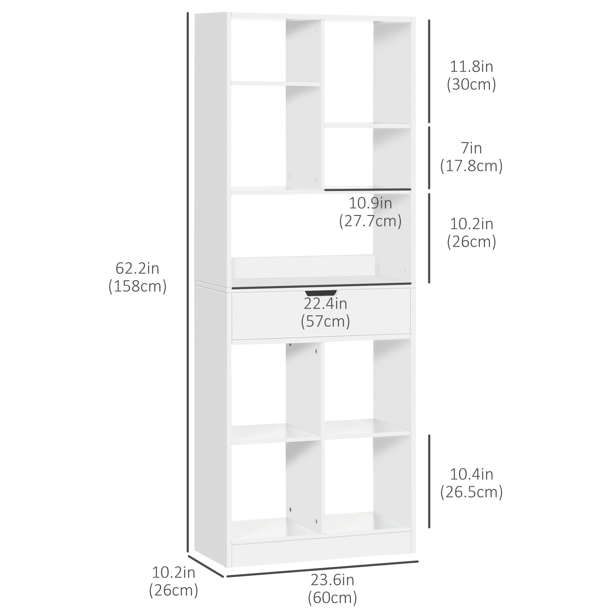 HOMCOM Tall Bookshelf with Drawer, Freestanding Bookcase with Open Shelves, Shelving Unit, Display Rack for Bedroom, Living Room, Home Office, White