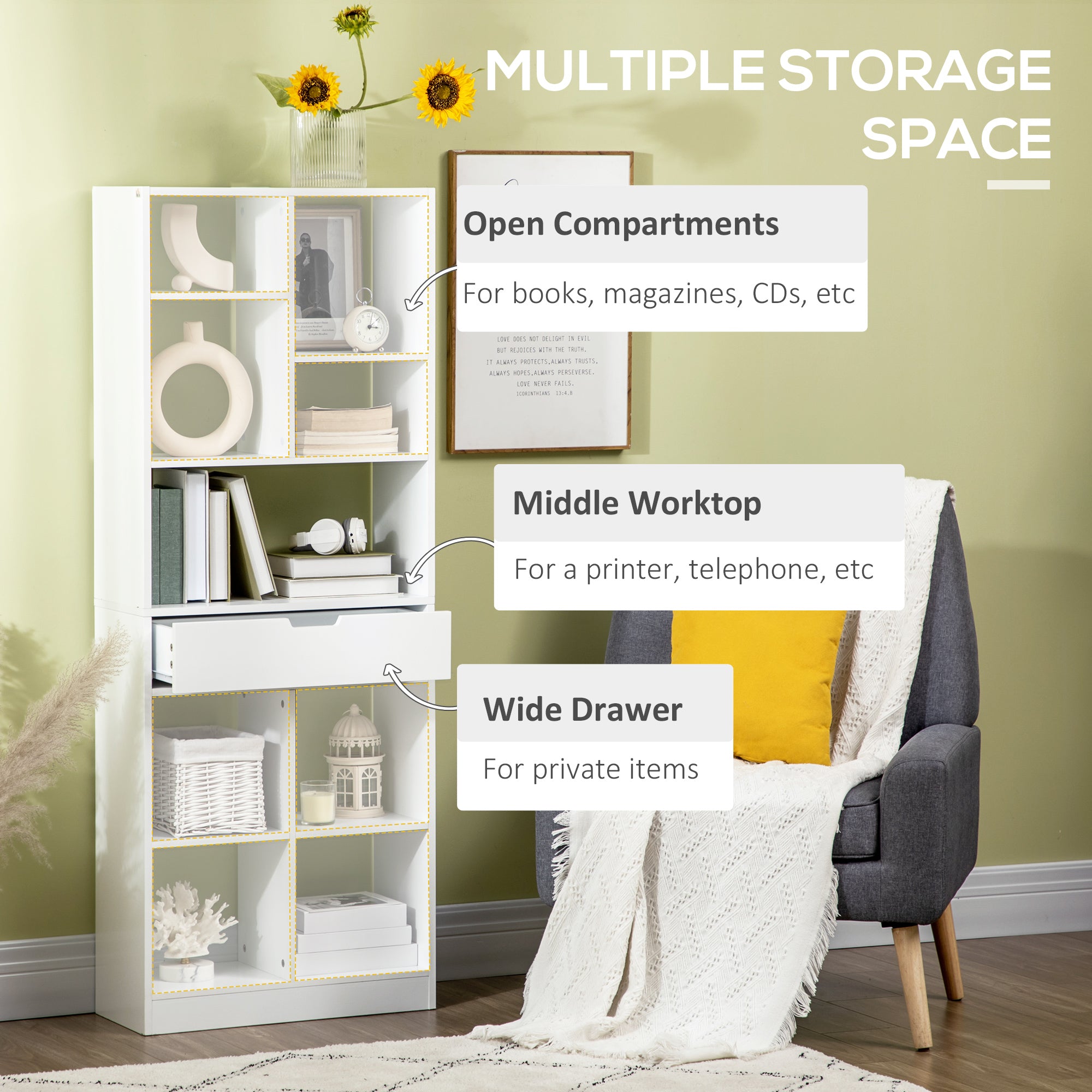 HOMCOM Tall Bookshelf with Drawer, Freestanding Bookcase with Open Shelves, Shelving Unit, Display Rack for Bedroom, Living Room, Home Office, White