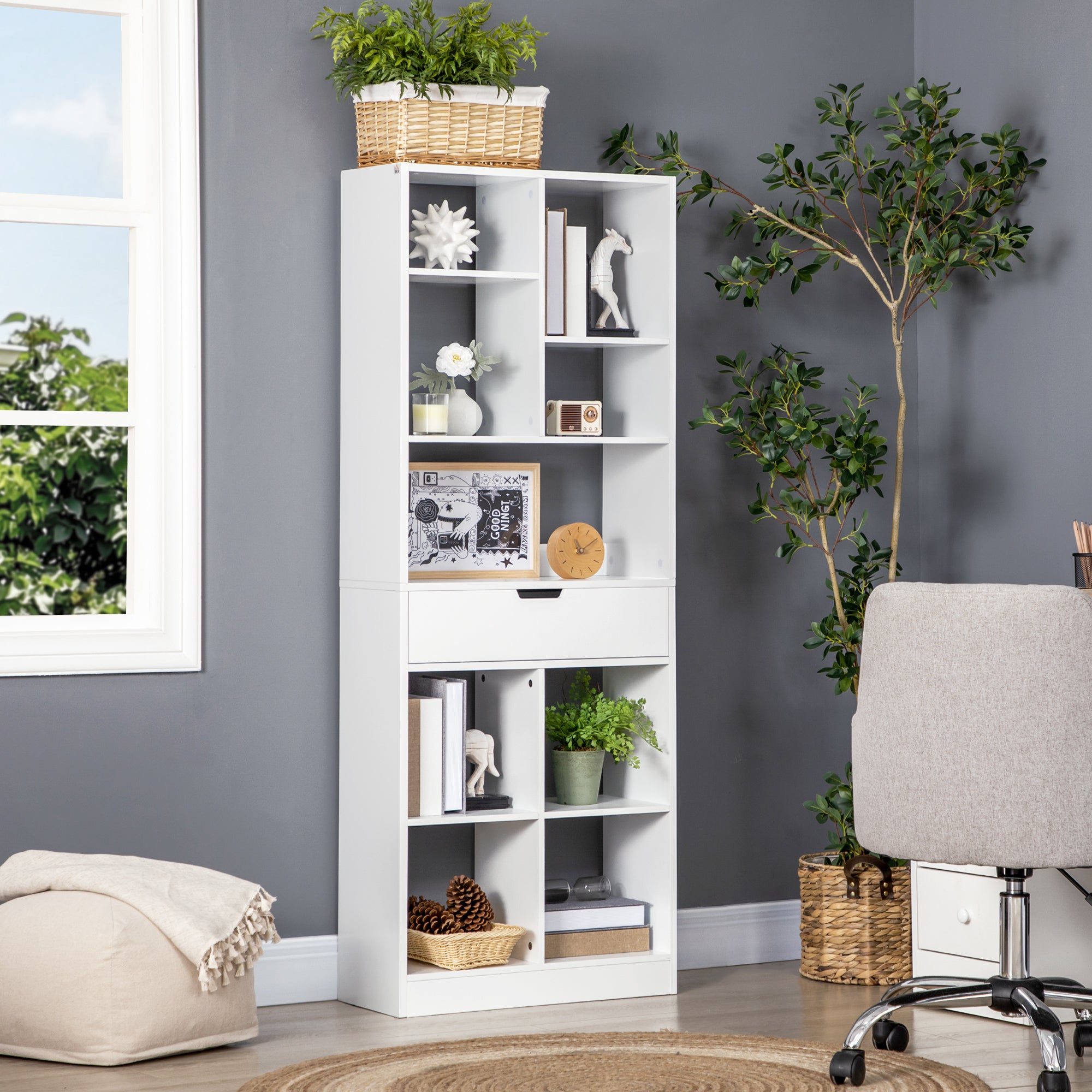 HOMCOM Tall Bookshelf with Drawer, Freestanding Bookcase with Open Shelves, Shelving Unit, Display Rack for Bedroom, Living Room, Home Office, White