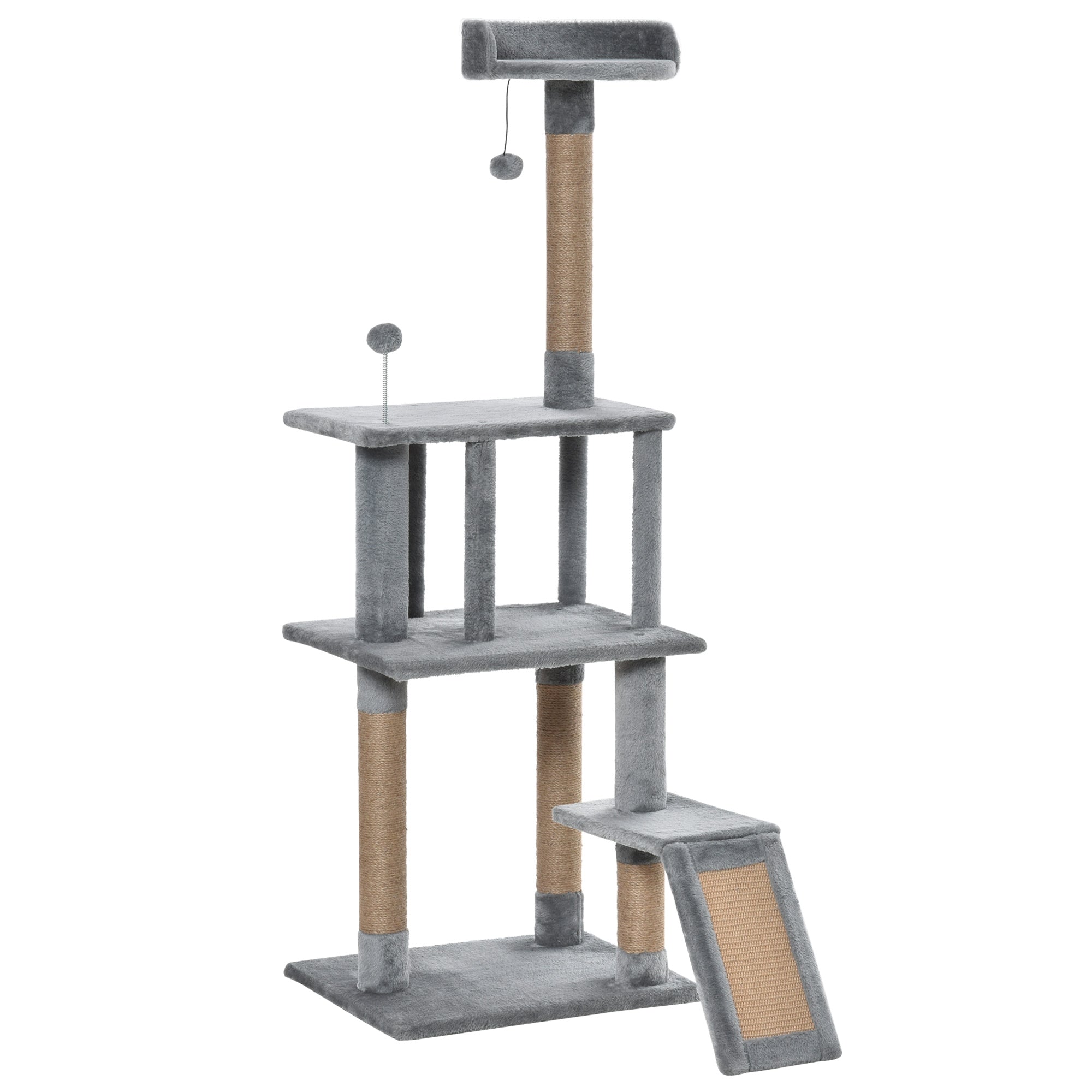 PawHut Cat Tree Tower for Indoor Cats 142cm Climbing Kitten Activity Center with Jute Scratching Post  Board Perch Roomy Condo Removable Felt Hanging Toy, Grey