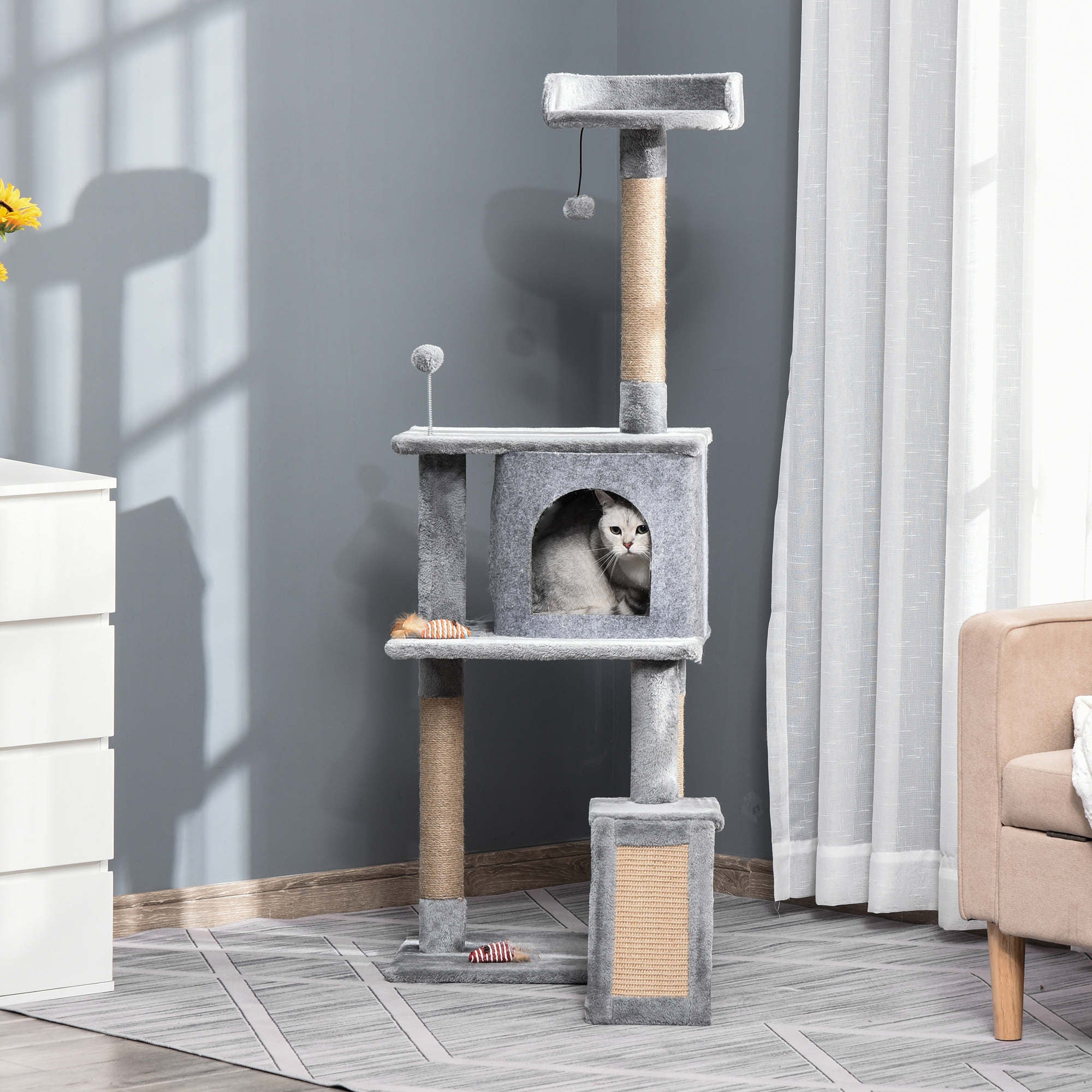 PawHut Cat Tree Tower for Indoor Cats 142cm Climbing Kitten Activity Center with Jute Scratching Post  Board Perch Roomy Condo Removable Felt Hanging Toy, Grey