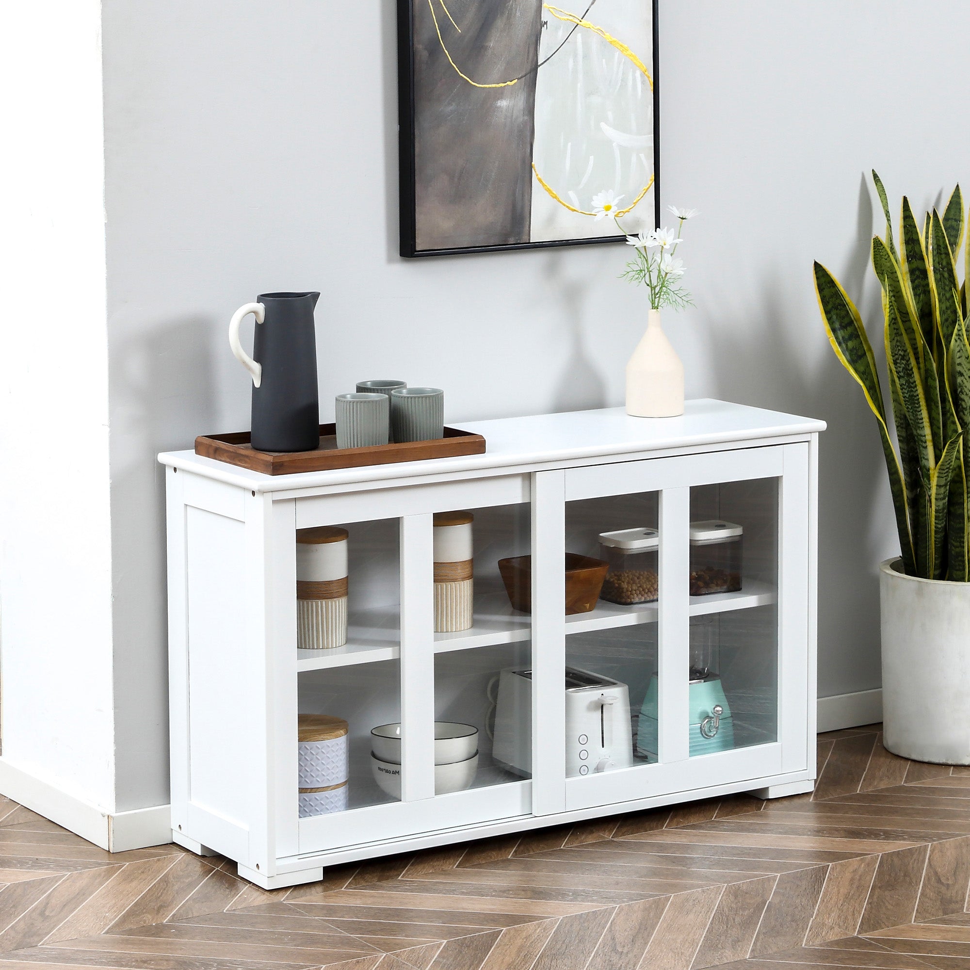 HOMCOM Modern Kitchen Sideboard, Stackable Storage Cabinet, Sliding Glass Door Console, Cupboard Serving Buffet, White