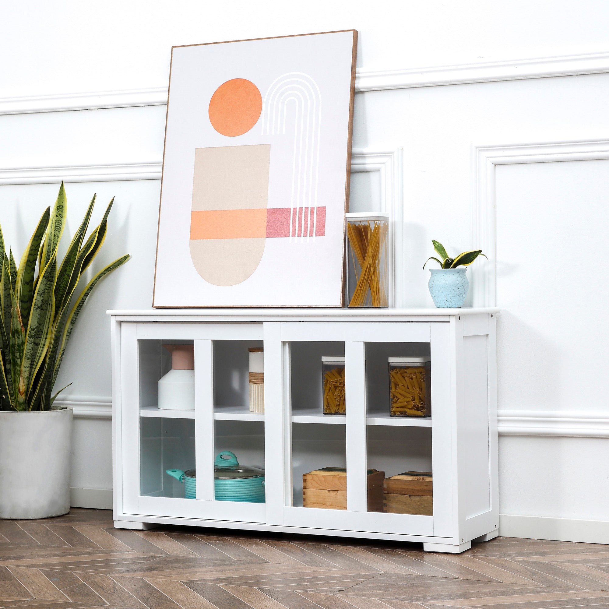 HOMCOM Modern Kitchen Sideboard, Stackable Storage Cabinet, Sliding Glass Door Console, Cupboard Serving Buffet, White