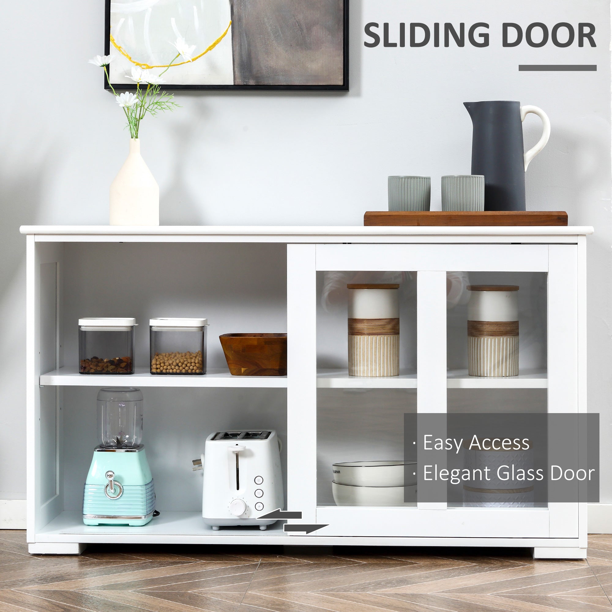 HOMCOM Modern Kitchen Sideboard, Stackable Storage Cabinet, Sliding Glass Door Console, Cupboard Serving Buffet, White