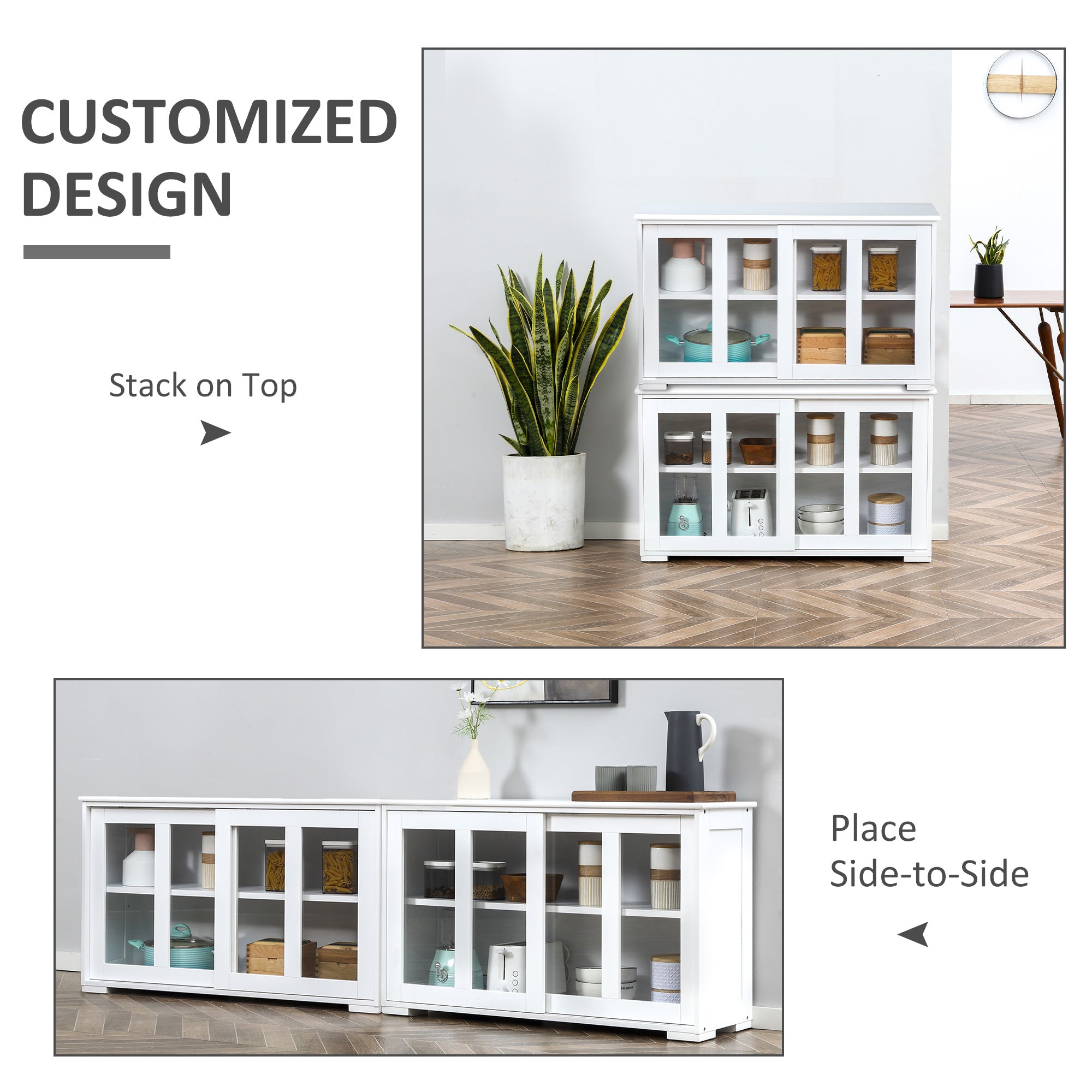 HOMCOM Modern Kitchen Sideboard, Stackable Storage Cabinet, Sliding Glass Door Console, Cupboard Serving Buffet, White