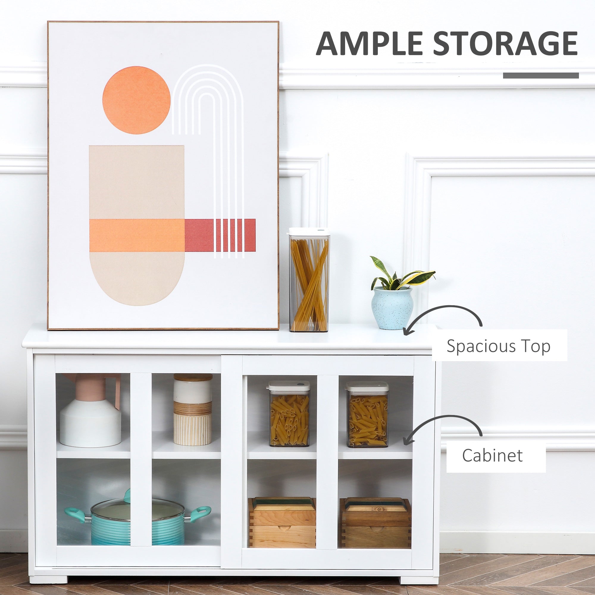 HOMCOM Modern Kitchen Sideboard, Stackable Storage Cabinet, Sliding Glass Door Console, Cupboard Serving Buffet, White