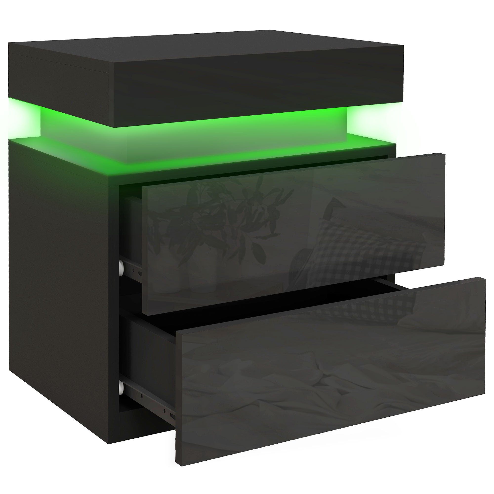HOMCOM Nightstand, End Side Table with LED Lights, Bedside Table with 2 Drawers, for Bedroom, Black