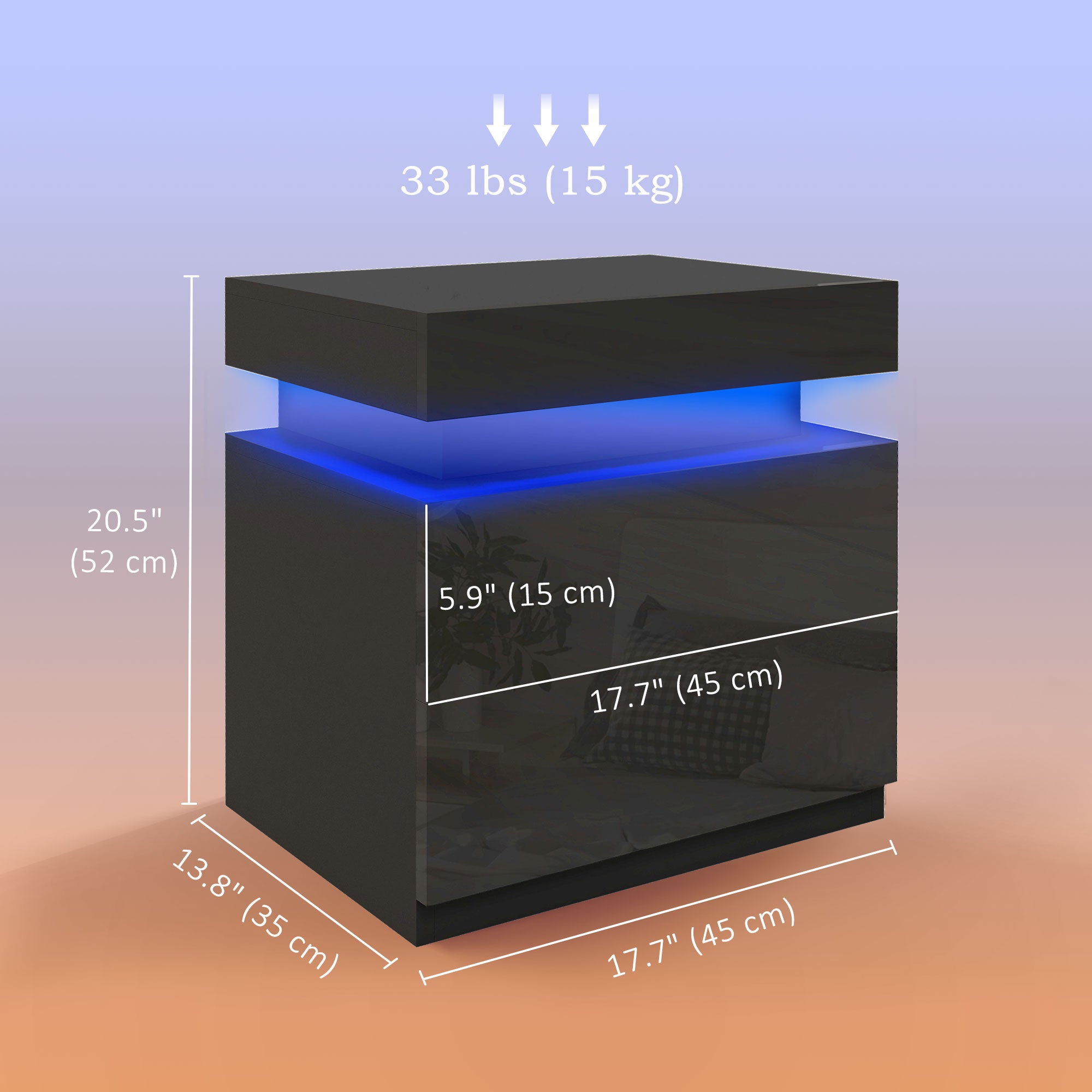 HOMCOM Nightstand, End Side Table with LED Lights, Bedside Table with 2 Drawers, for Bedroom, Black