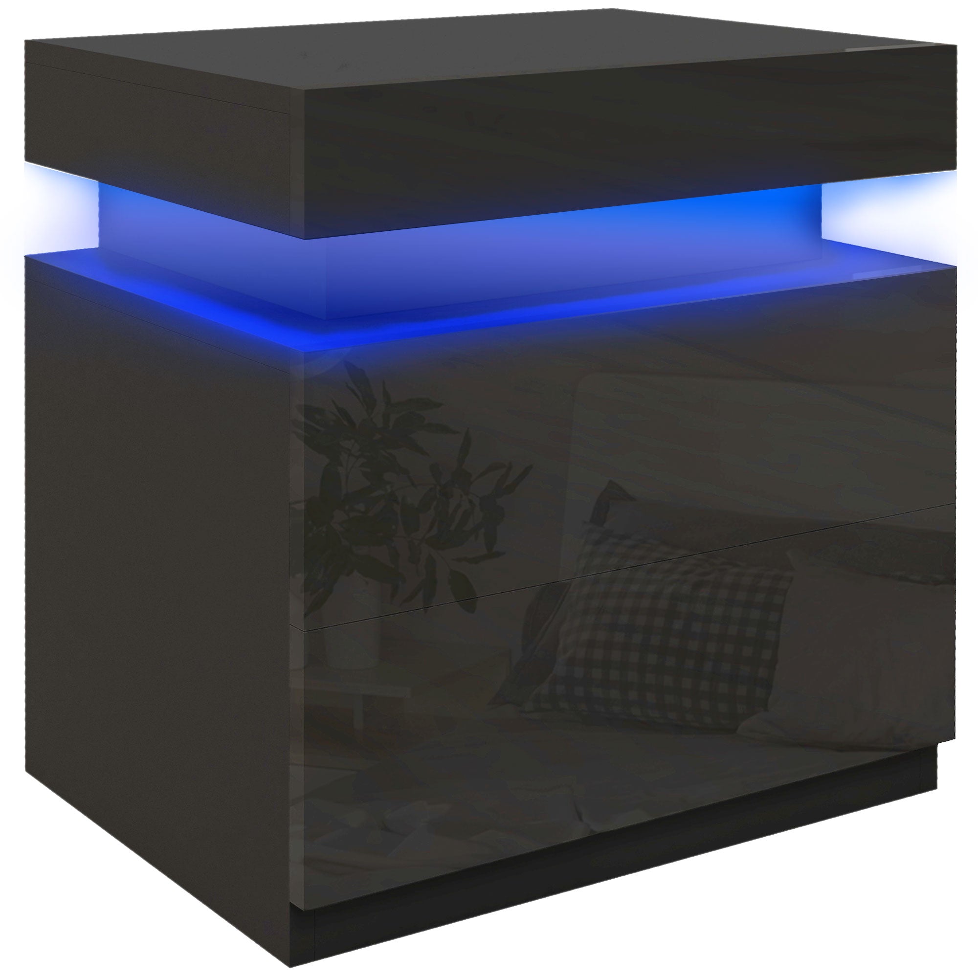 HOMCOM Nightstand, End Side Table with LED Lights, Bedside Table with 2 Drawers, for Bedroom, Black