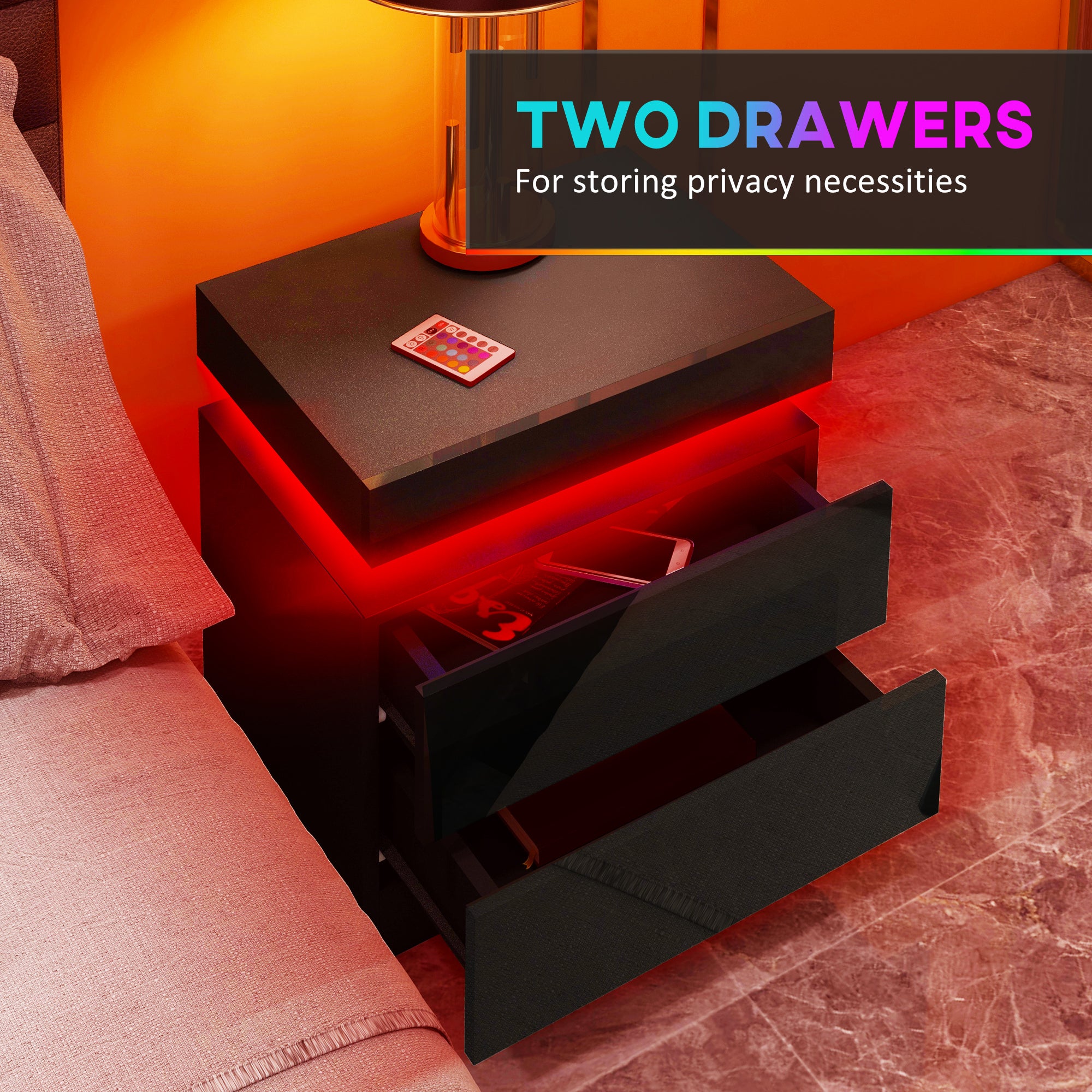 HOMCOM Nightstand, End Side Table with LED Lights, Bedside Table with 2 Drawers, for Bedroom, Black