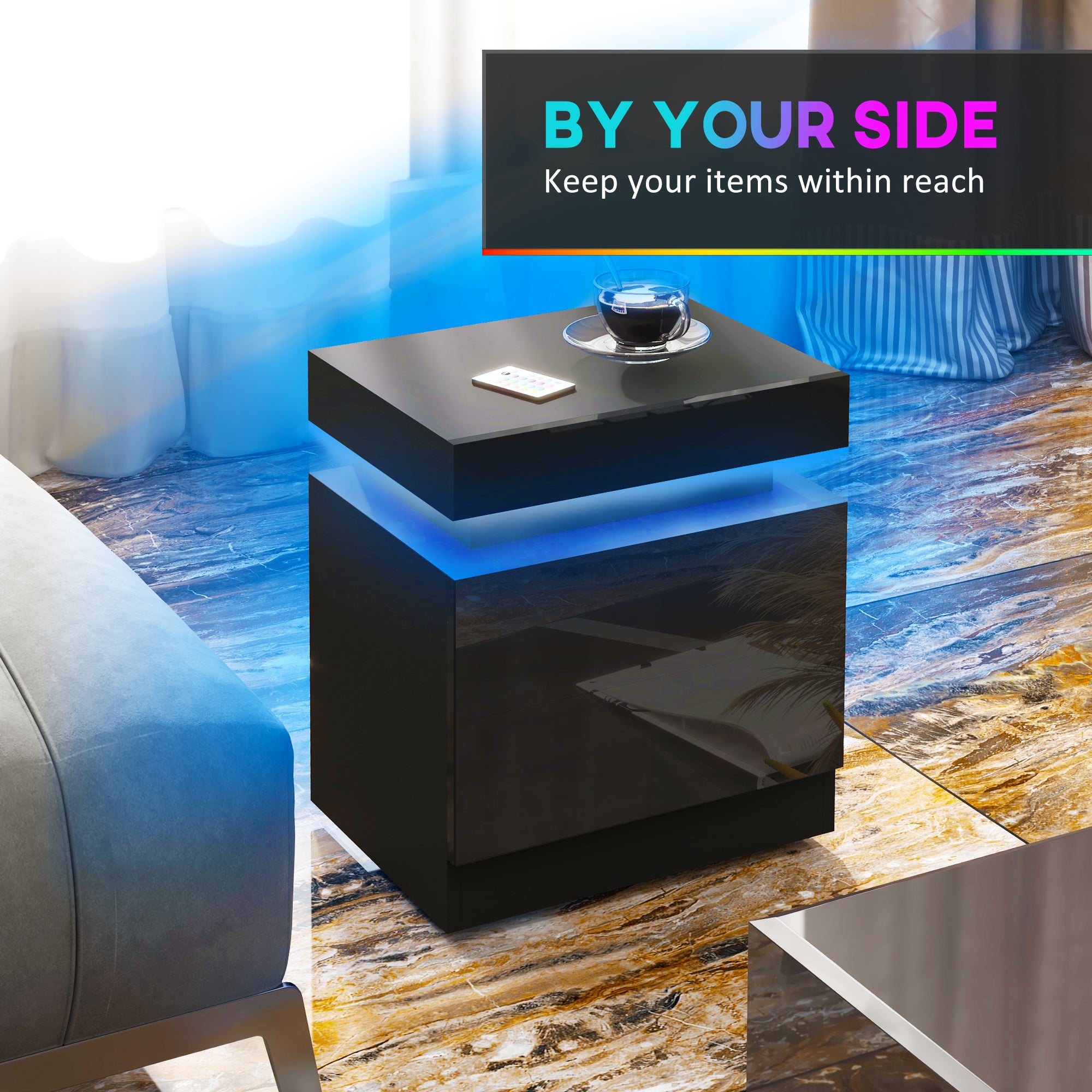 HOMCOM Nightstand, End Side Table with LED Lights, Bedside Table with 2 Drawers, for Bedroom, Black