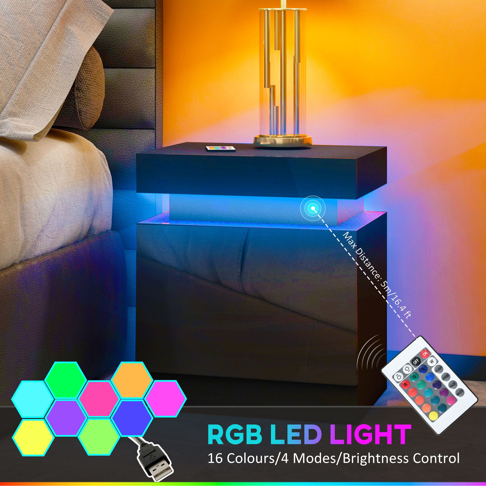 HOMCOM Nightstand, End Side Table with LED Lights, Bedside Table with 2 Drawers, for Bedroom, Black